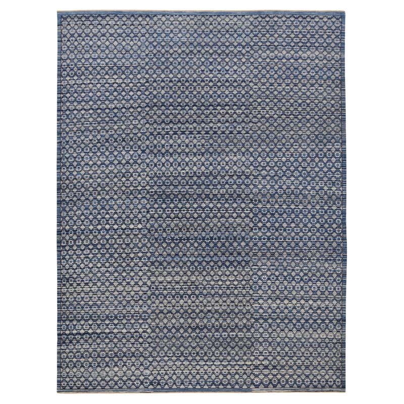 Modern Handwoven Wool Rug Paddle Dhurrie in Dark Blue and White Spike ...