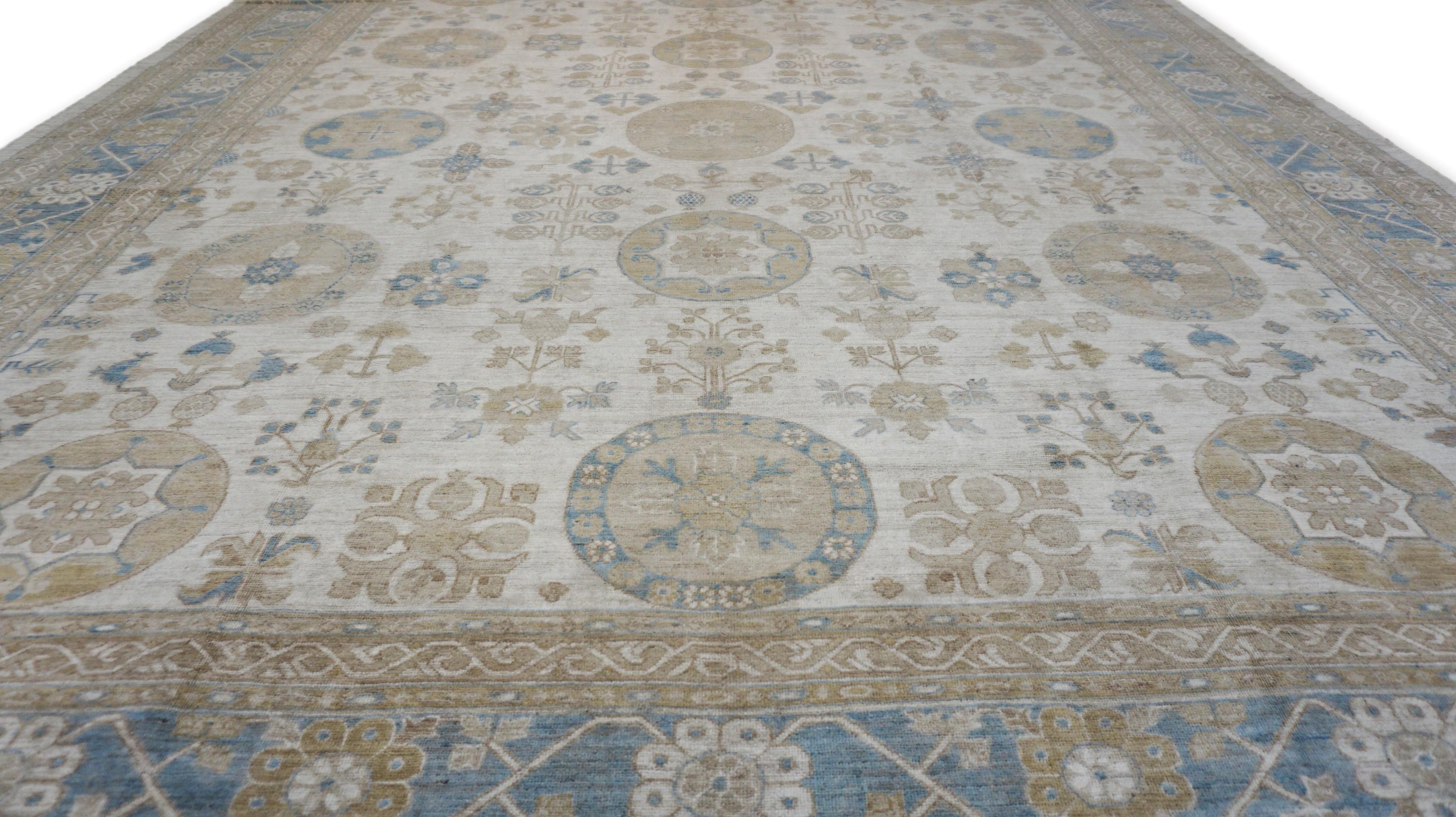 Khotan Khoton Pattern Ivory Blue Wool Rug 12'x14'8'' For Sale