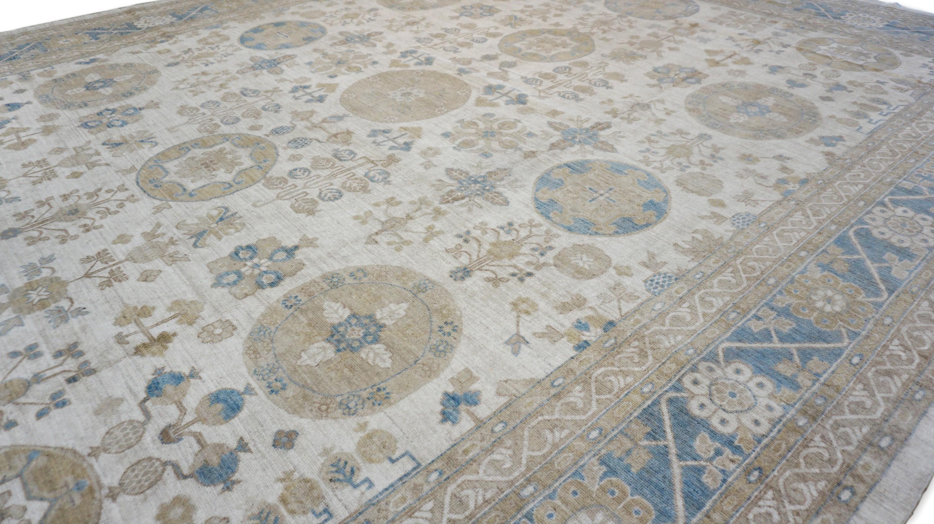 Hand-Knotted Khoton Pattern Ivory Blue Wool Rug 12'x14'8'' For Sale