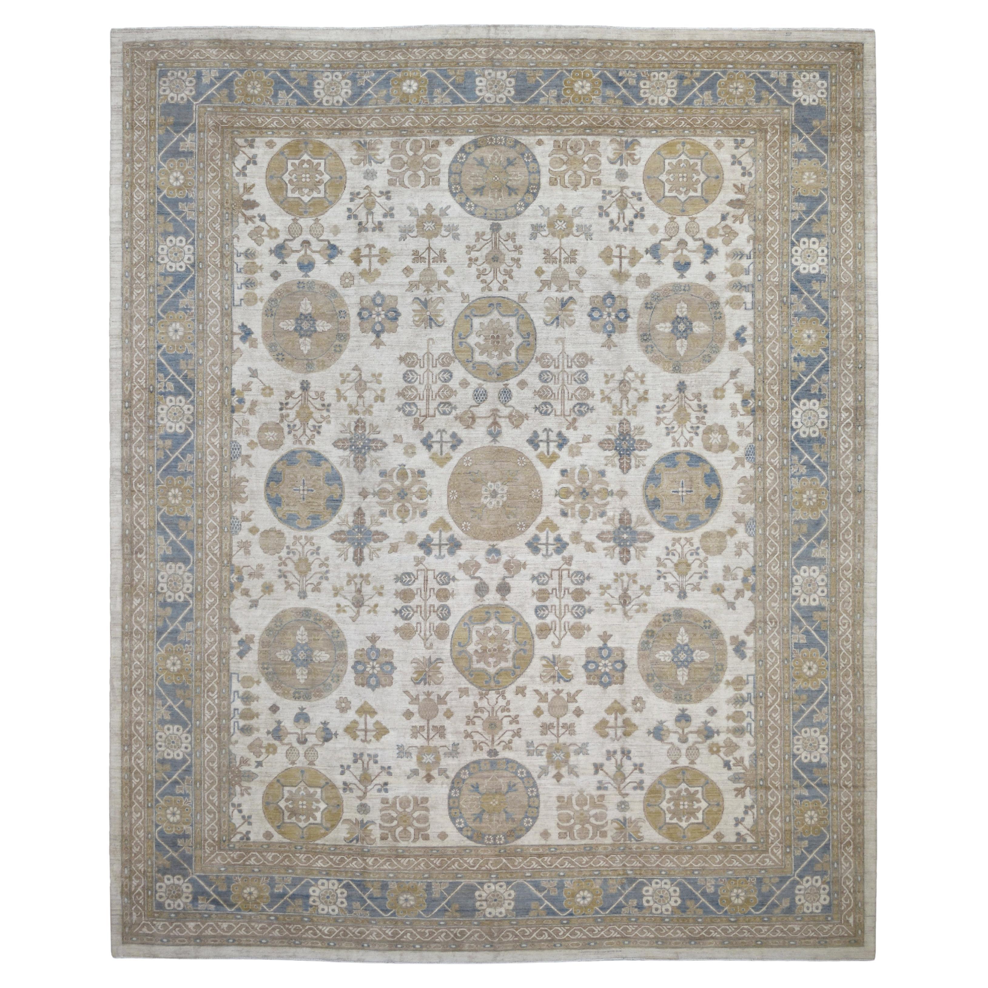 Khoton Pattern Ivory Blue Wool Rug 12'x14'8'' For Sale