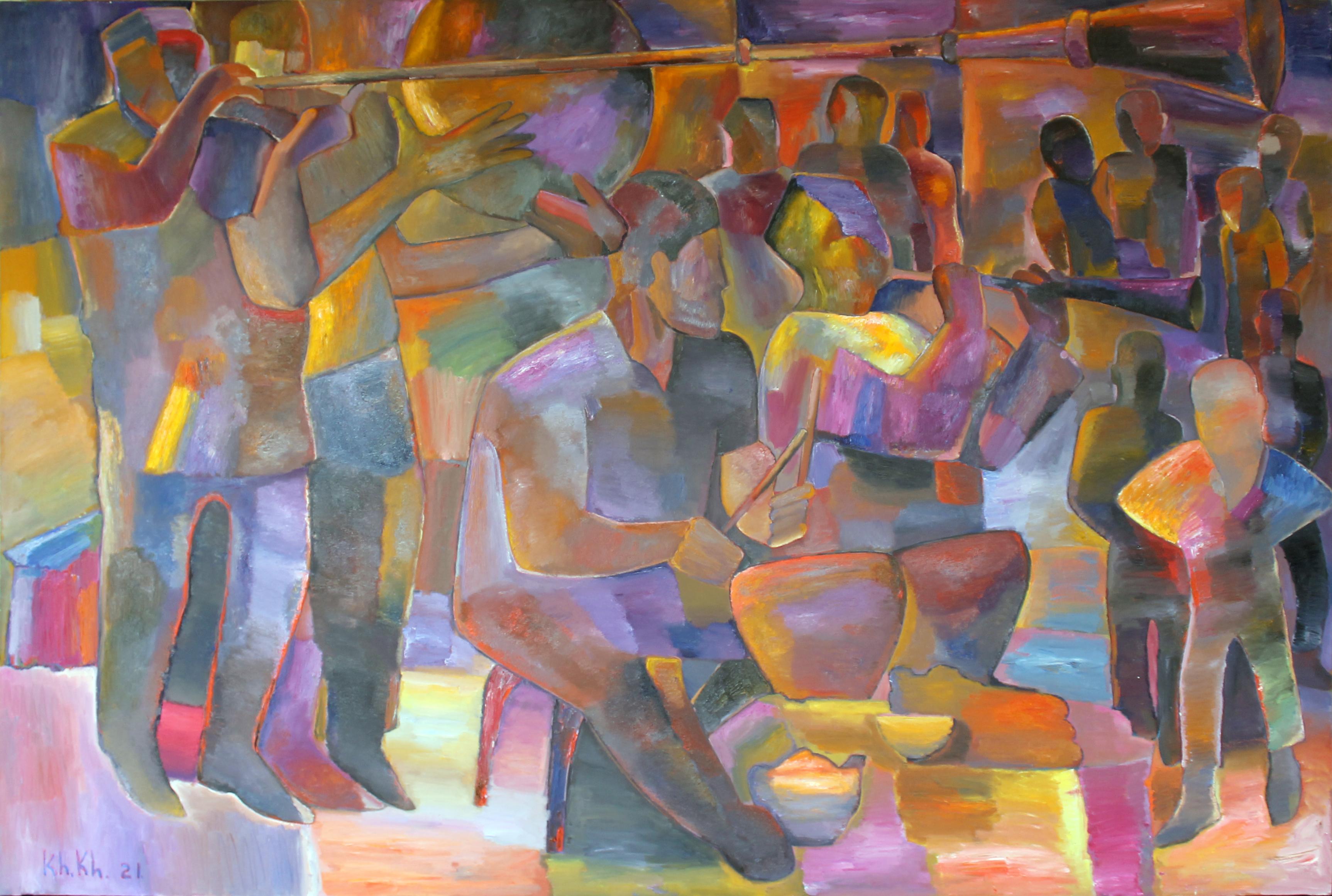 Musiker, 140 x 210 cm, Öl auf Leinwand – Art von Khurshed Khalilov
