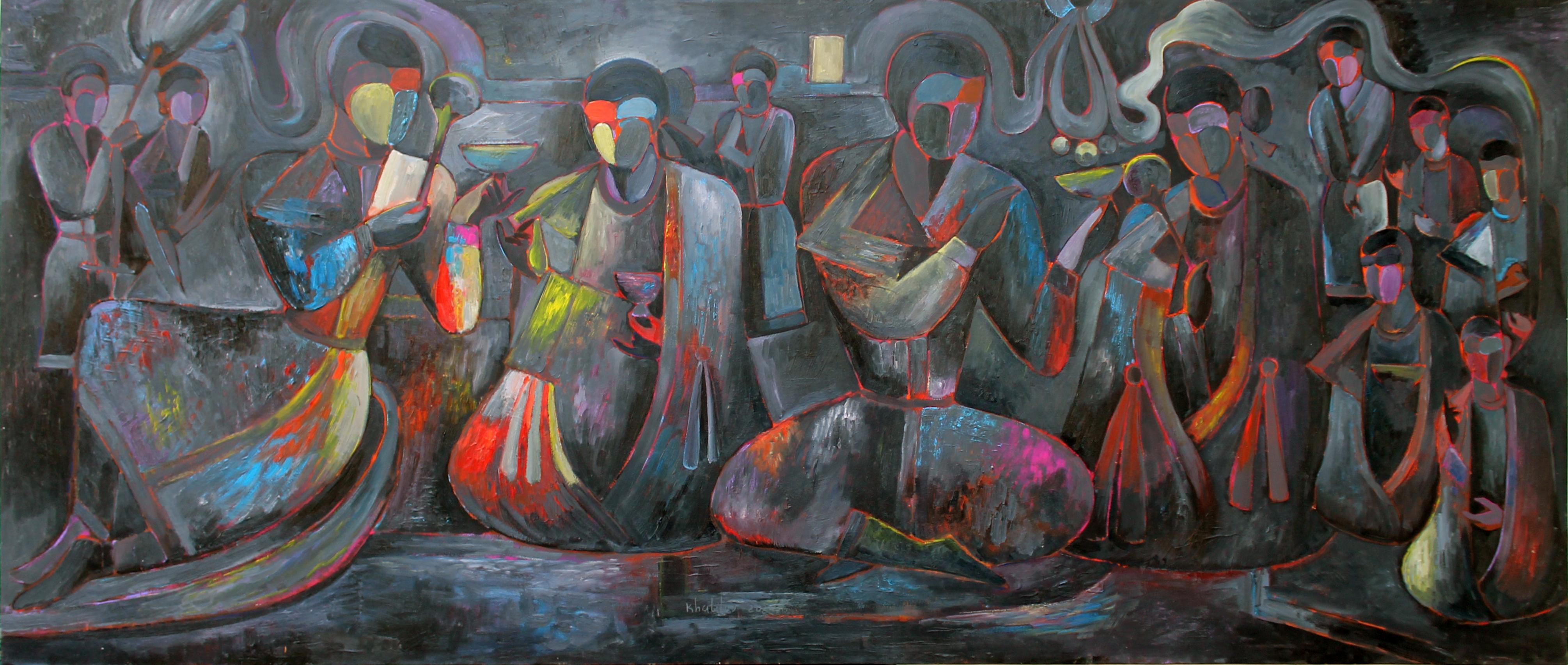 Khurshed Khalilov Figurative Painting - Tsarist Toasts, 70x170 cm, oil on canvas
