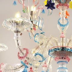 Chandelier 6+3 arms Clear Murano Glass with multicolour Details by Multiforme