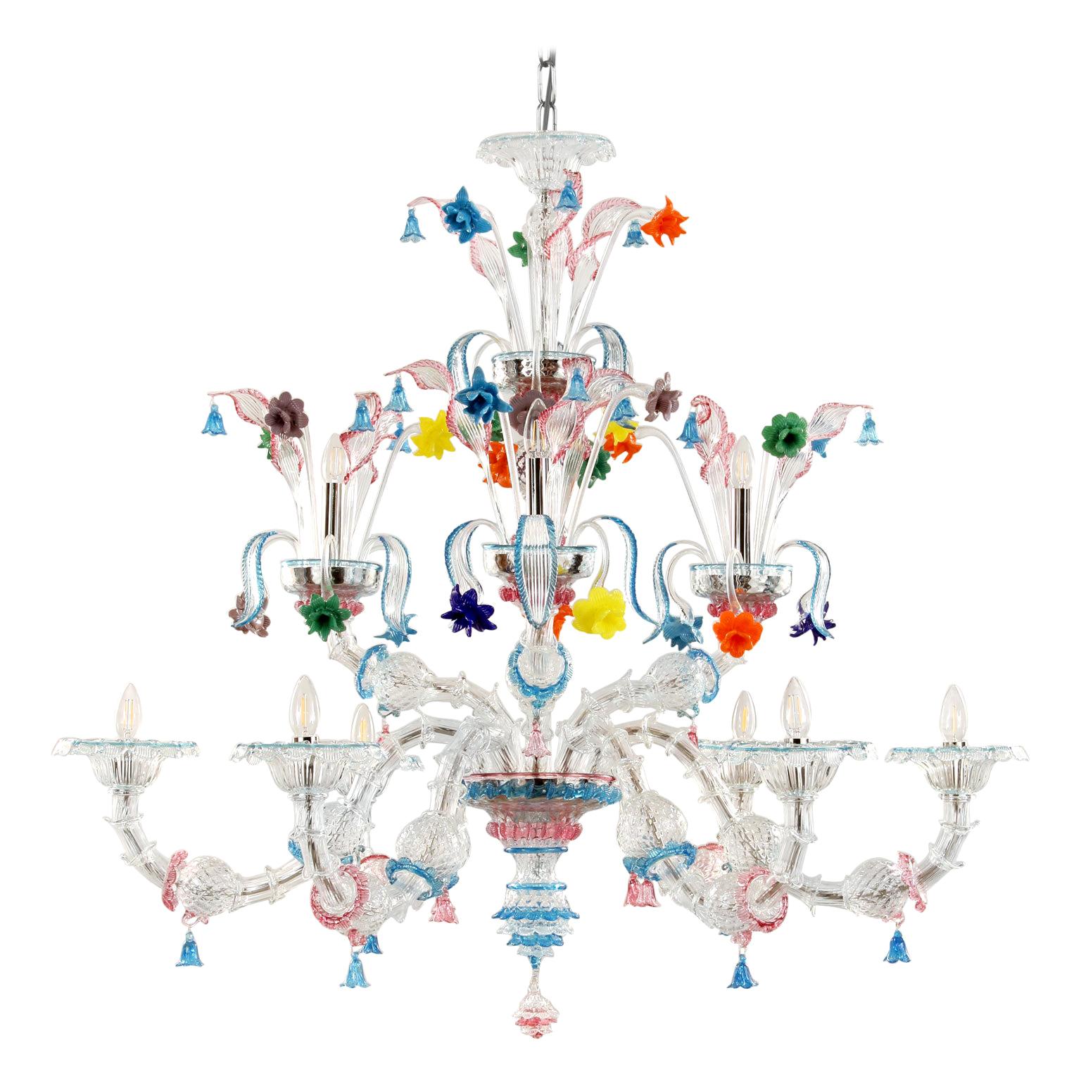 Chandelier 6+3 arms Clear Murano Glass with multicolour Details by Multiforme
