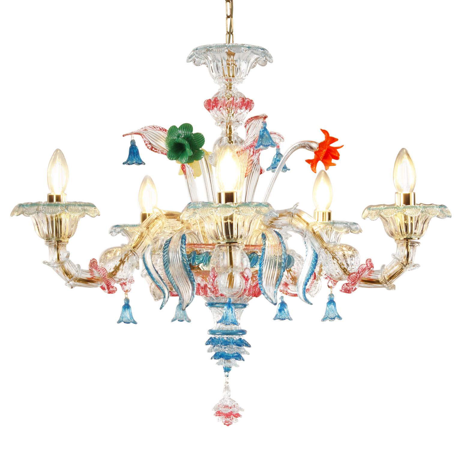 Lámpara Rezzonico 5 brazos cristal de Murano transparente, detalles multicolor by Multiforme Otro en venta