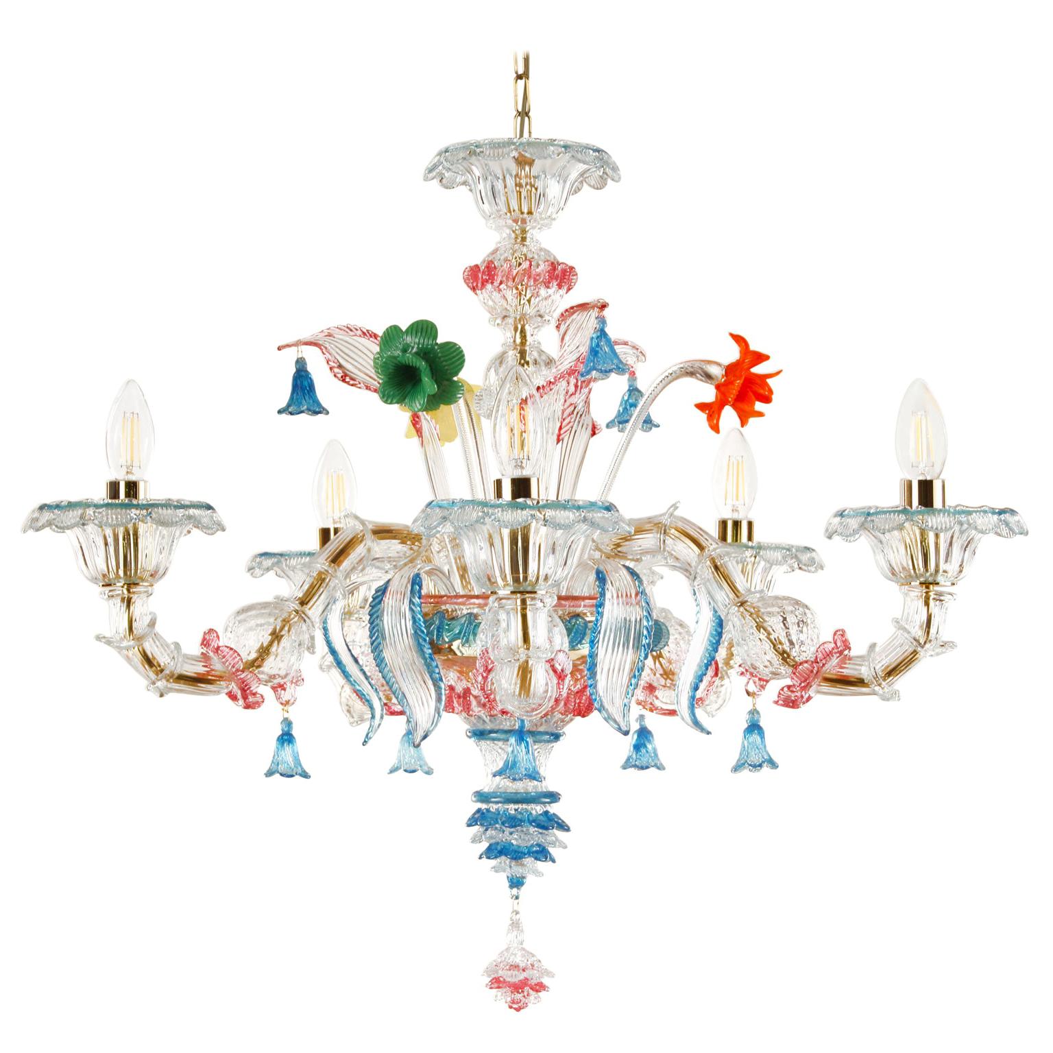 Rezzonico chandelier 5 arms clear Murano glass, multicolor details by Multiforme