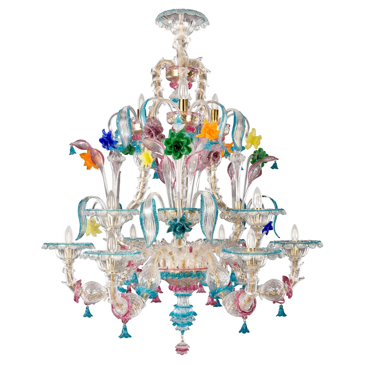 Kia Ora Chandelier 6+3+3 arms Murano clear glass multicolour details Multiforme