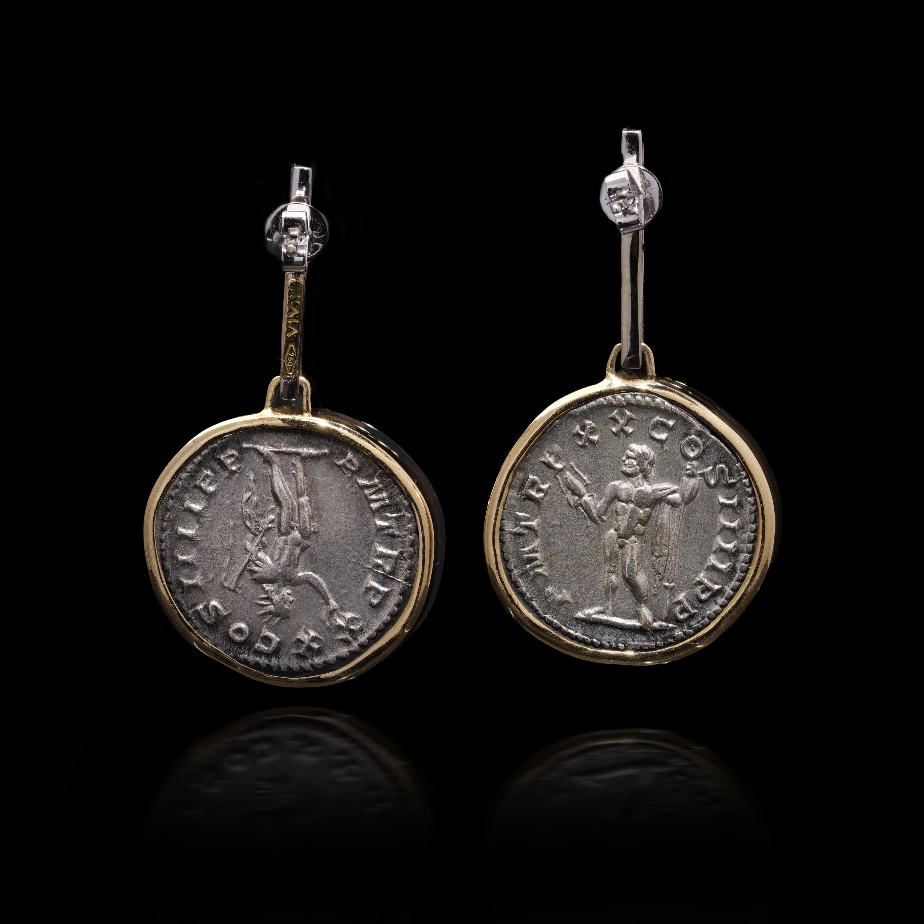 Round Cut Kiai 18kt Gold and Silver Roman Coin Earrings with Diamonds For Sale