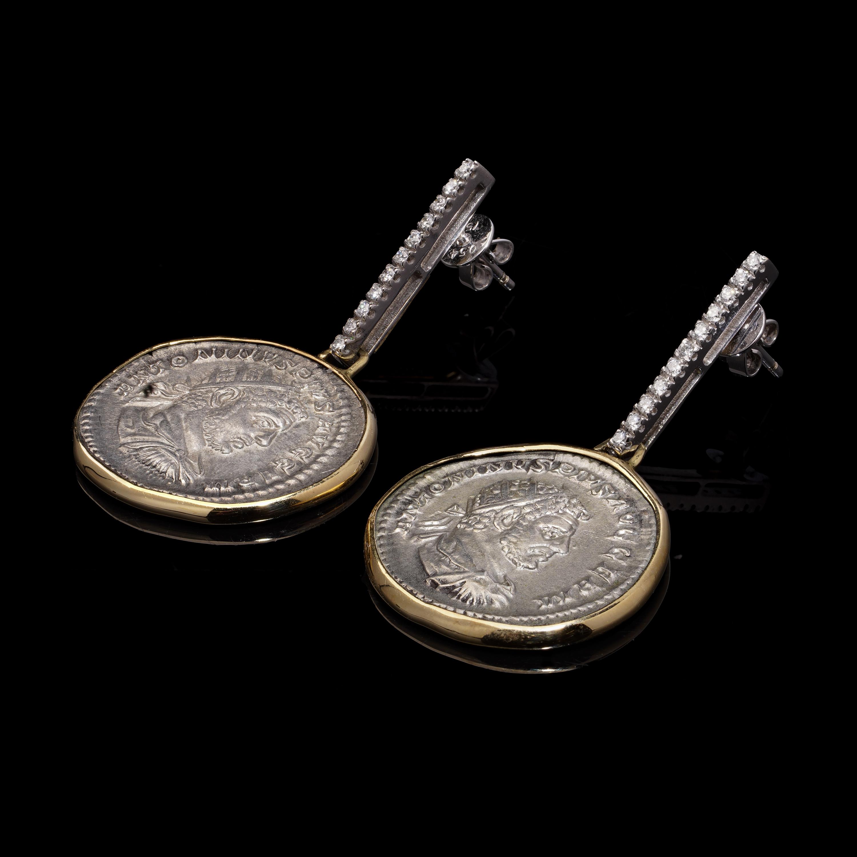 Kiai 18kt Gold and Silver Roman Coin Earrings with Diamonds In Excellent Condition For Sale In Braintree, GB