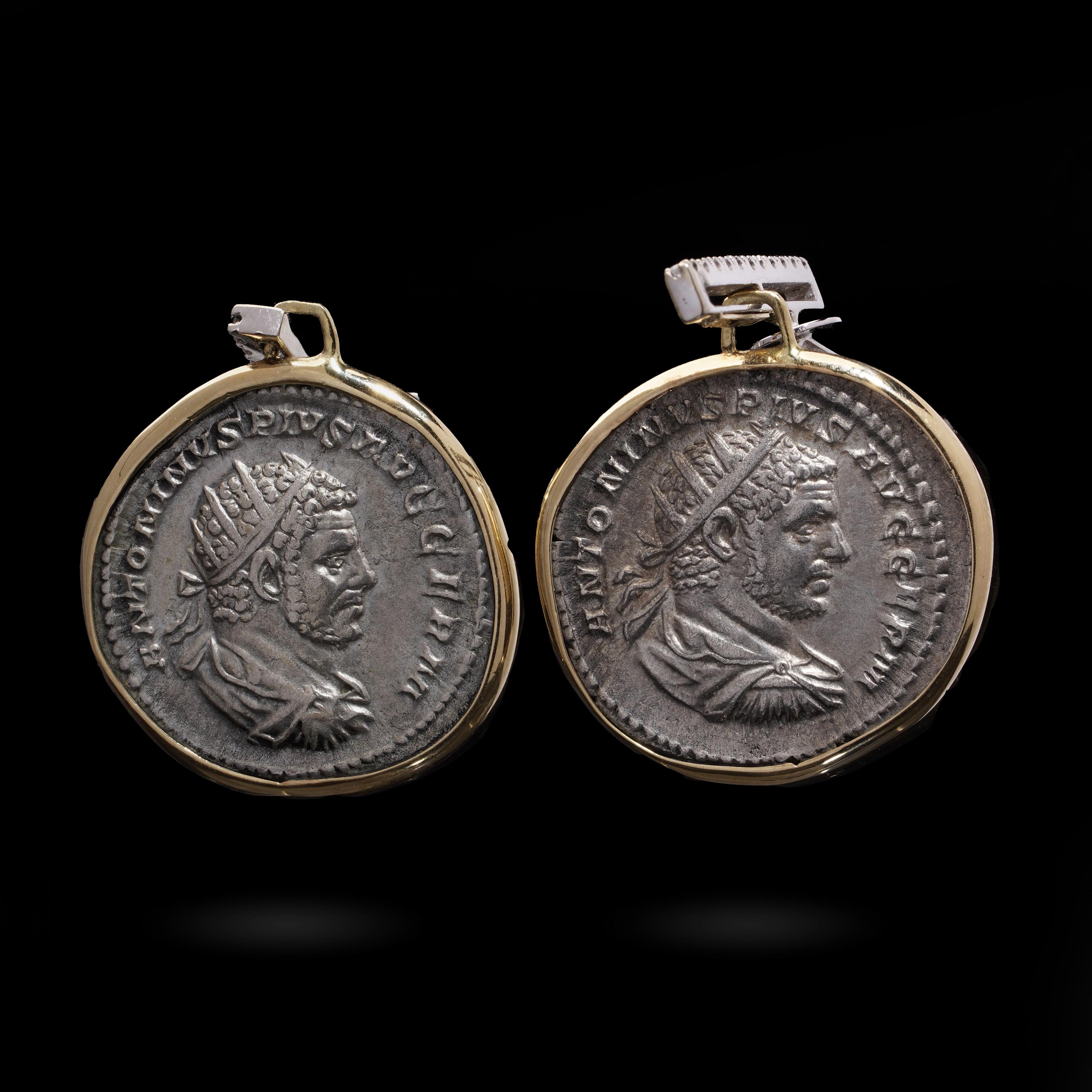 Women's Kiai 18kt Gold and Silver Roman Coin Earrings with Diamonds For Sale