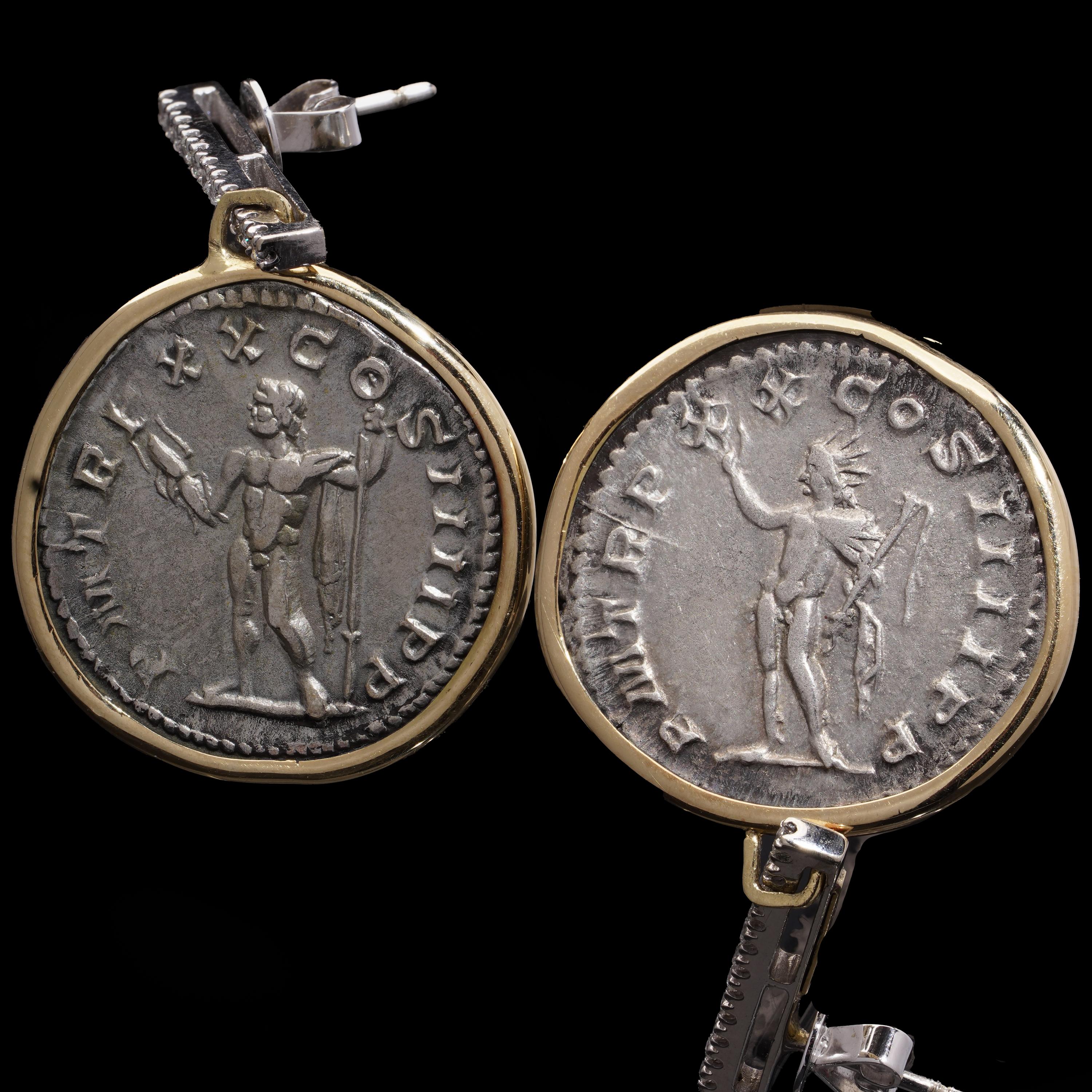 Kiai 18kt Gold and Silver Roman Coin Earrings with Diamonds For Sale 1