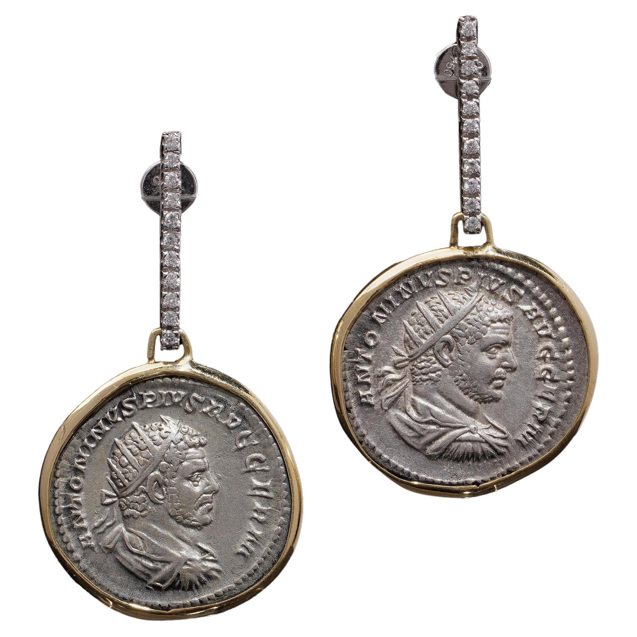Pendientes Kiai de Moneda Romana de Oro y Plata de 18kt con Diamantes