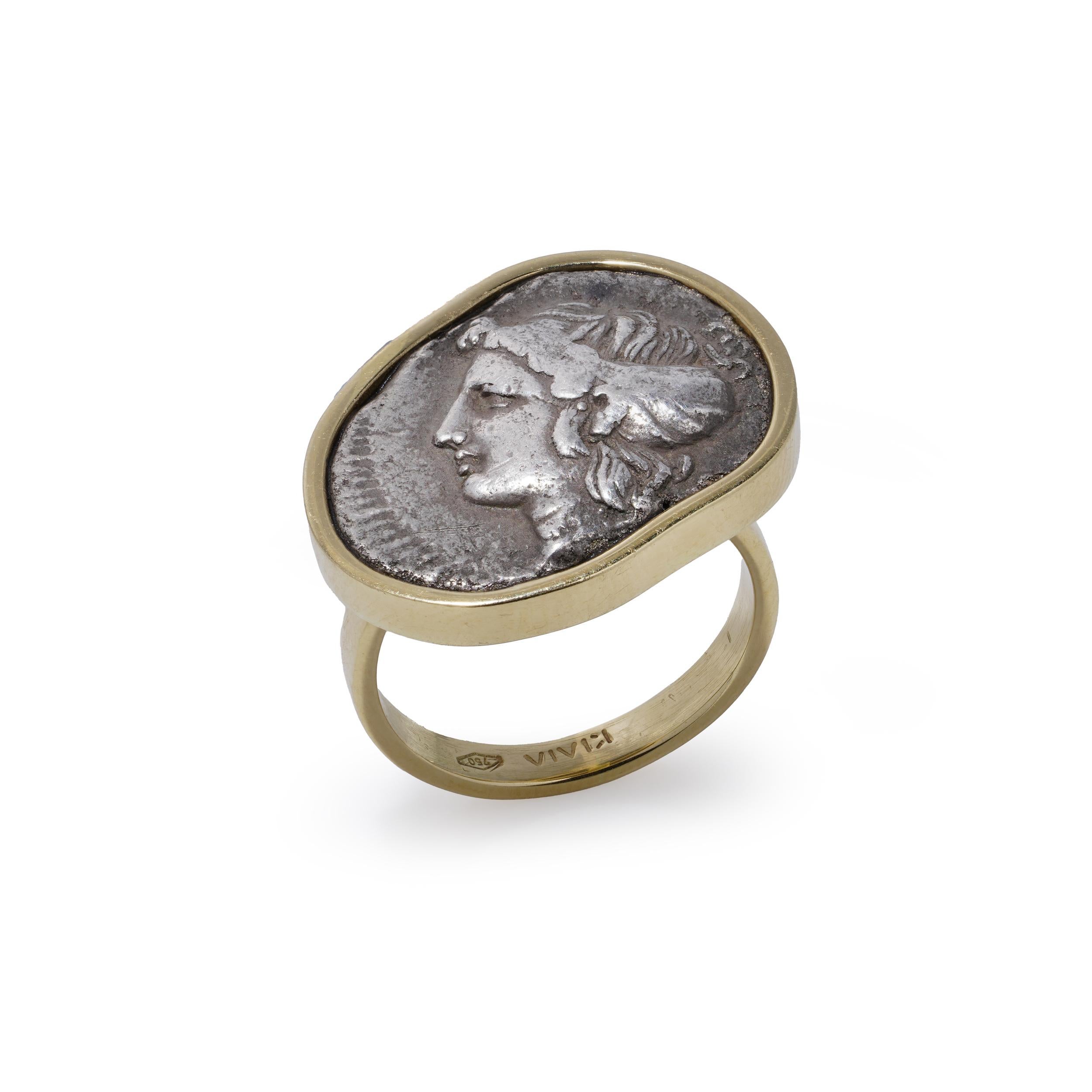 KIAIA Ancient Greek Tetradrachm Coin Ring, 18K Gold Mount In Good Condition For Sale In Braintree, GB