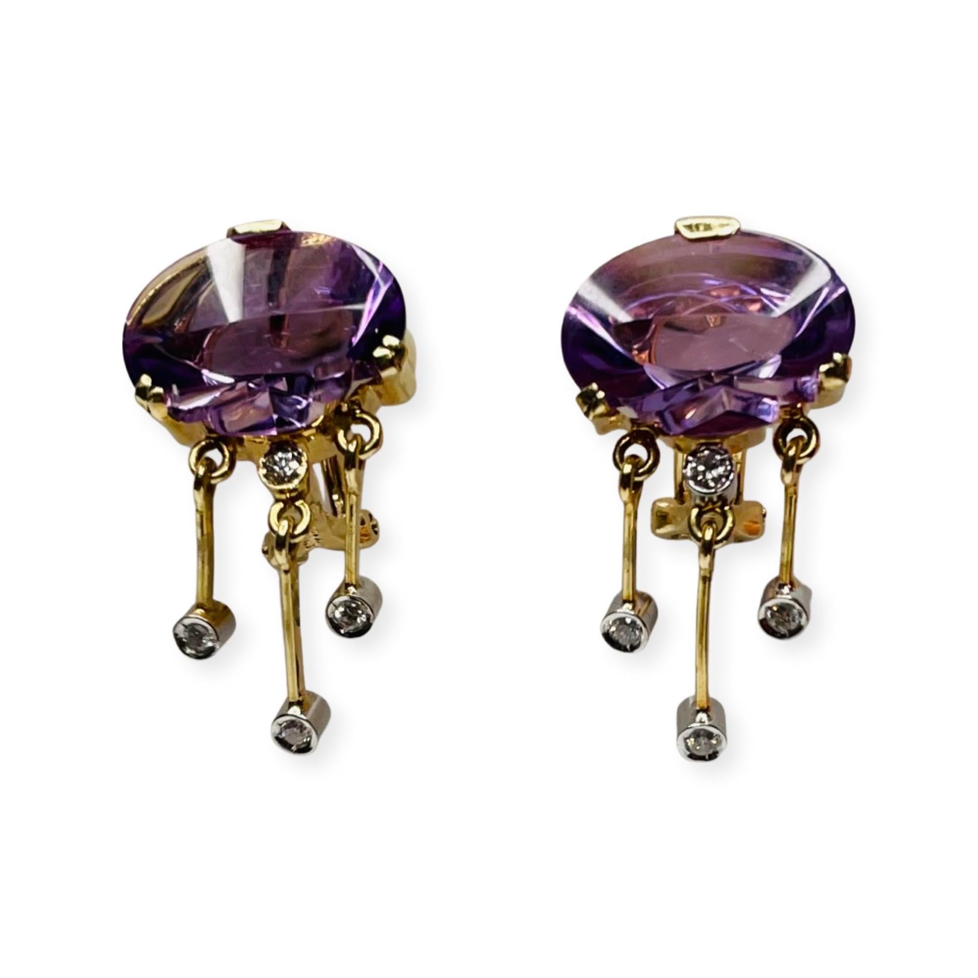 Contemporary Kian 14K Yellow and White Gold Laser Cut Amethyst and Diamond Earrings For Sale