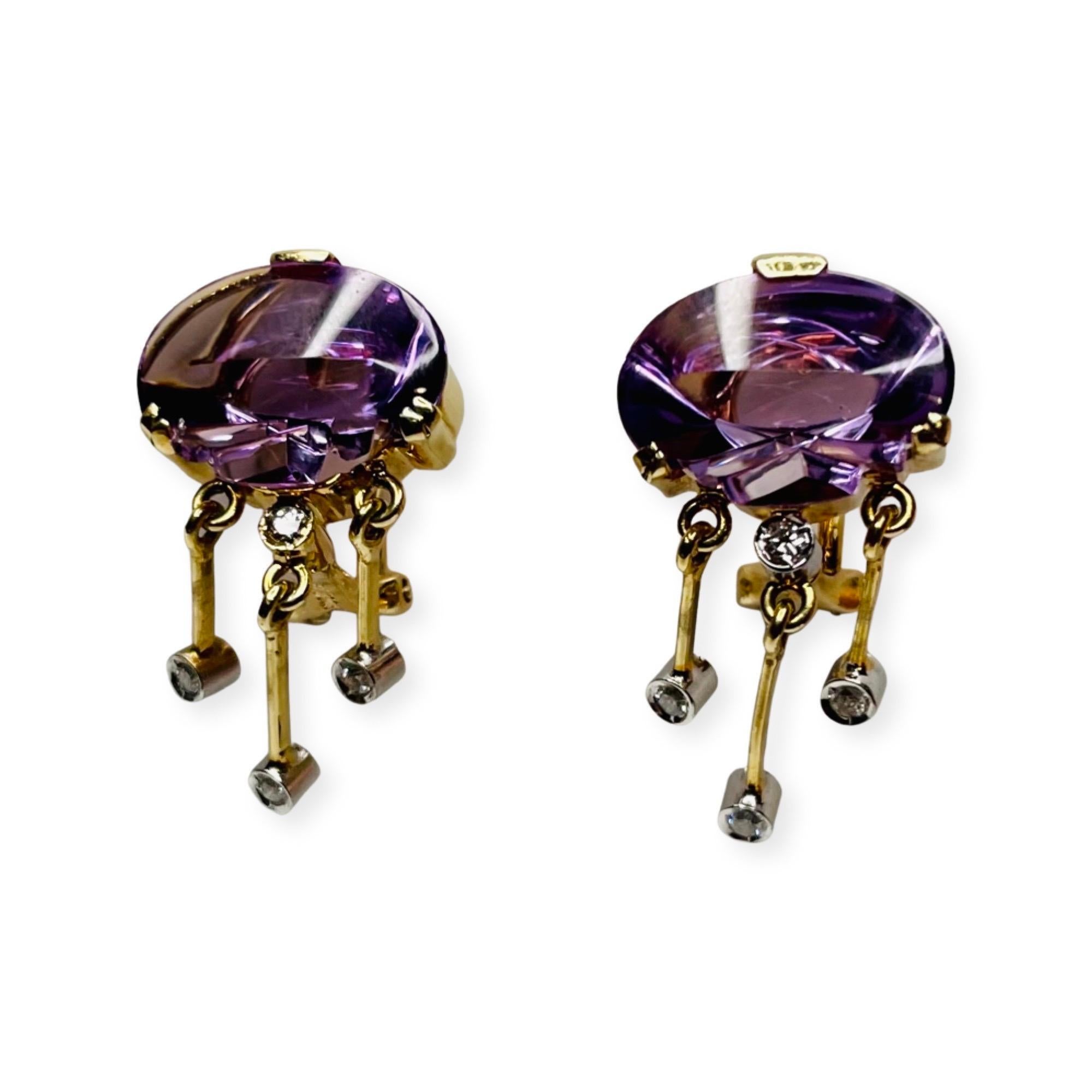 Oval Cut Kian 14K Yellow and White Gold Laser Cut Amethyst and Diamond Earrings For Sale