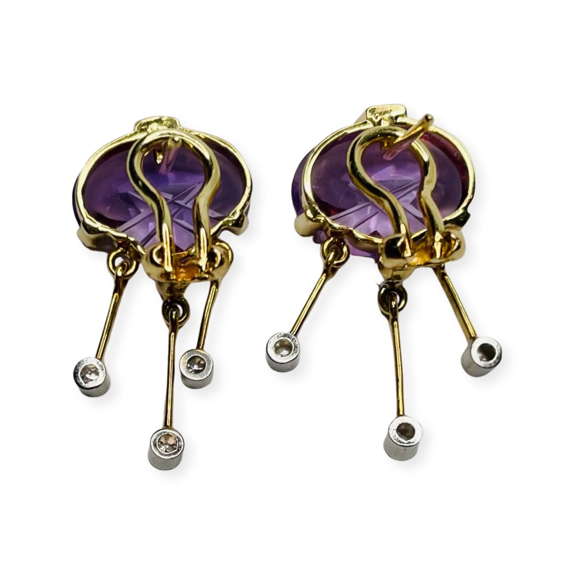 Kian 14K Yellow and White Gold Laser Cut Amethyst and Diamond Earrings In New Condition For Sale In Kirkwood, MO