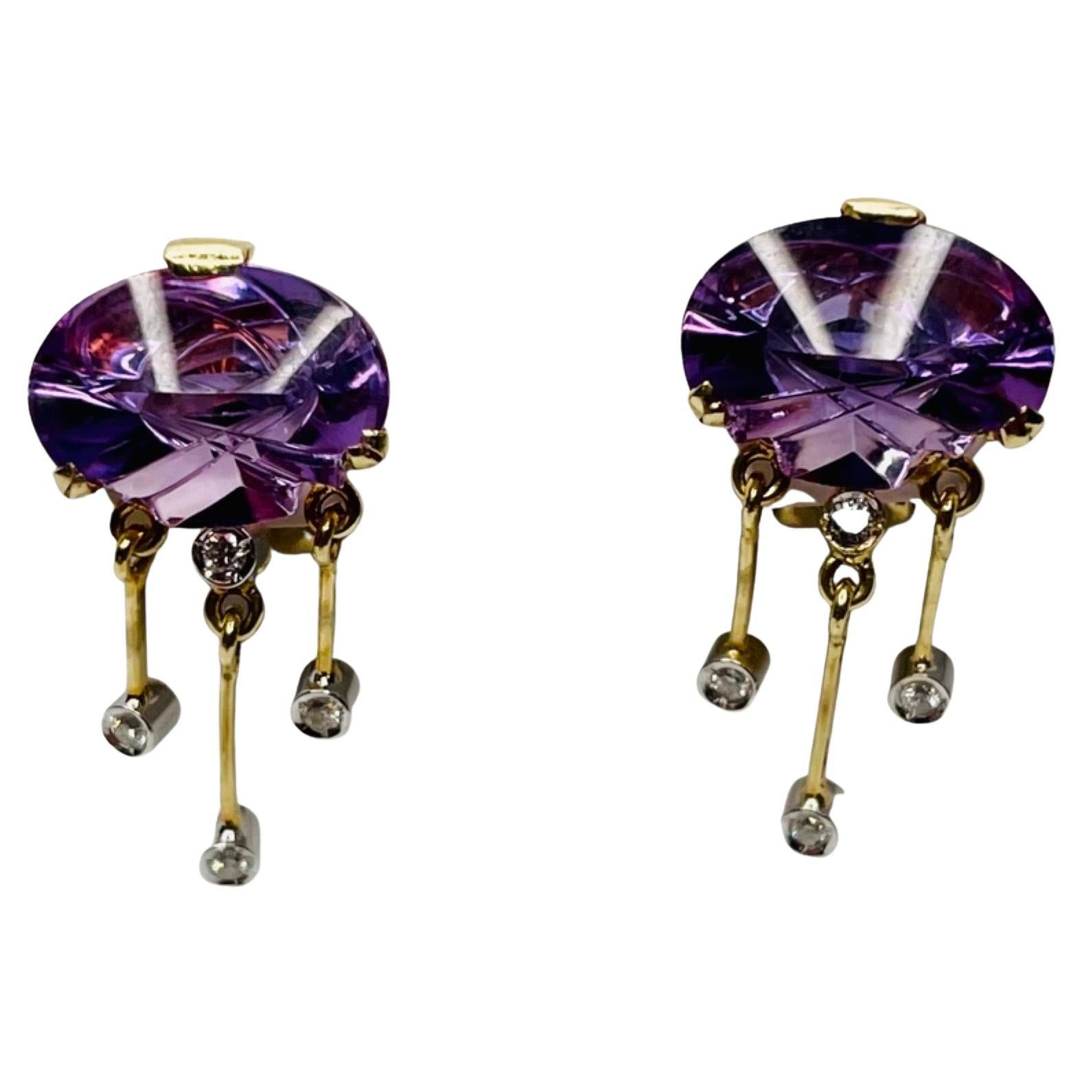Kian 14K Yellow and White Gold Laser Cut Amethyst and Diamond Earrings For Sale