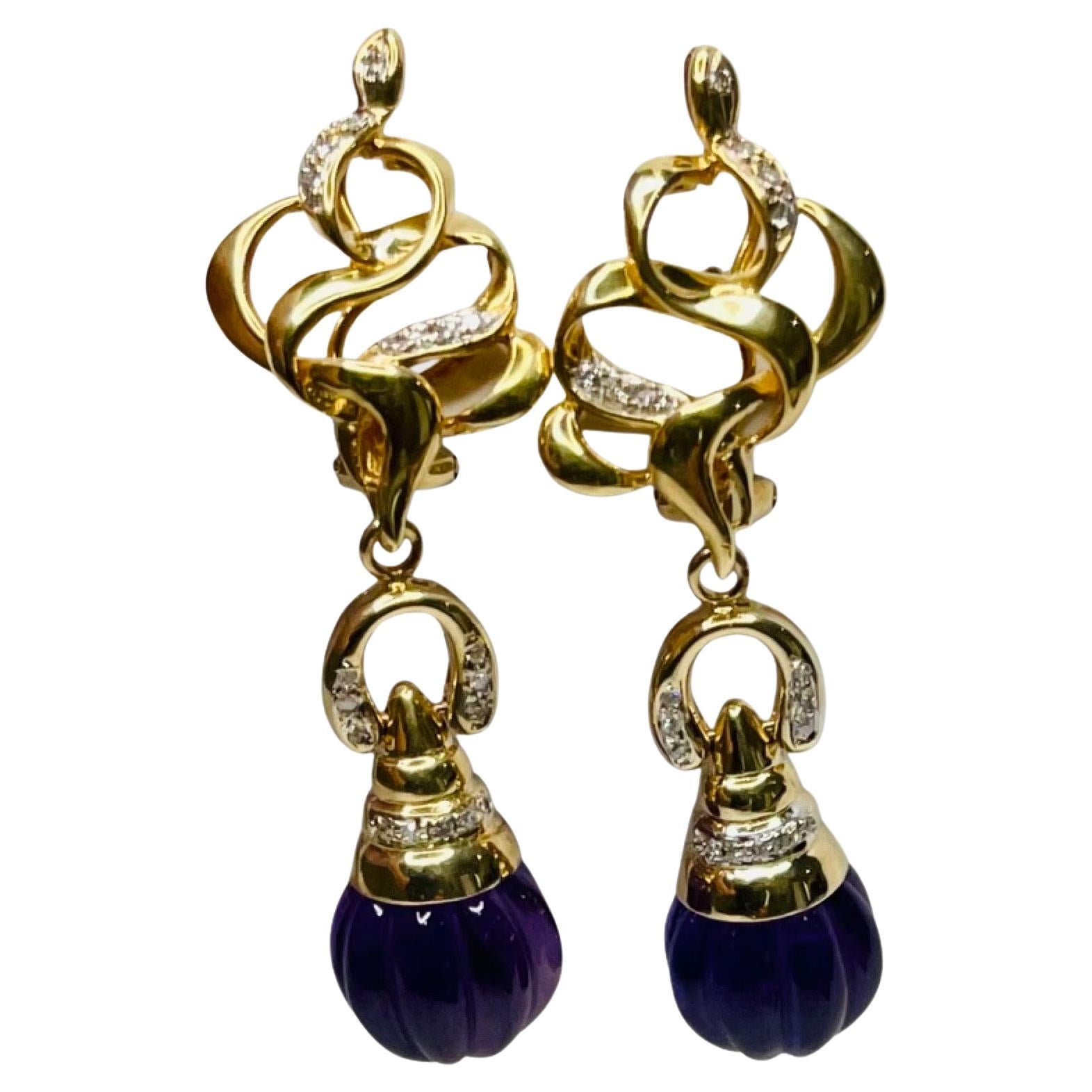 Kian 18K & 14K Yellow Gold Amethyst and Diamond Earrings For Sale