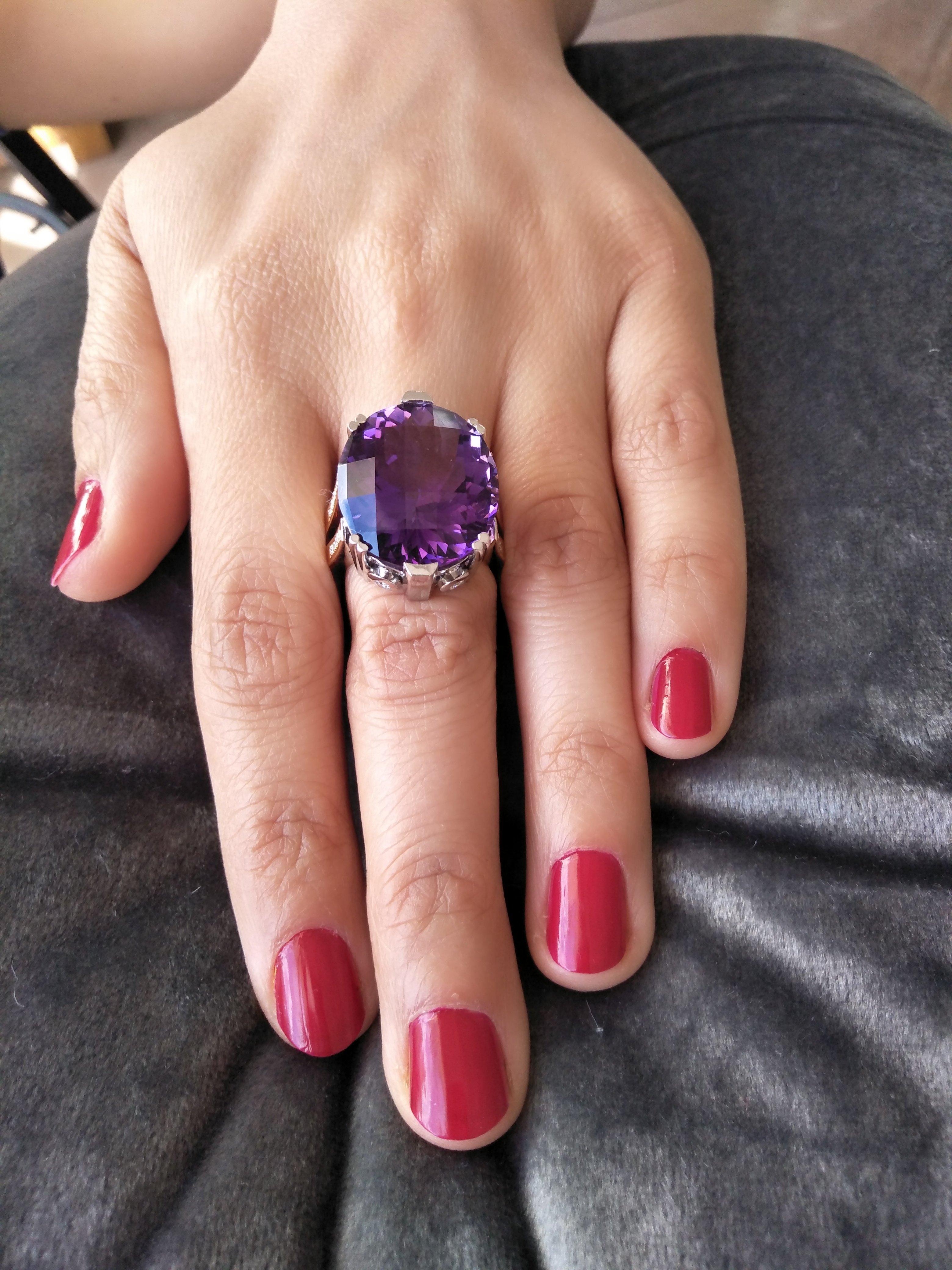 Art Deco 21.77 Carat Oval Cut Amethyst and Diamond Cocktail Ring in 18 Carat Gold