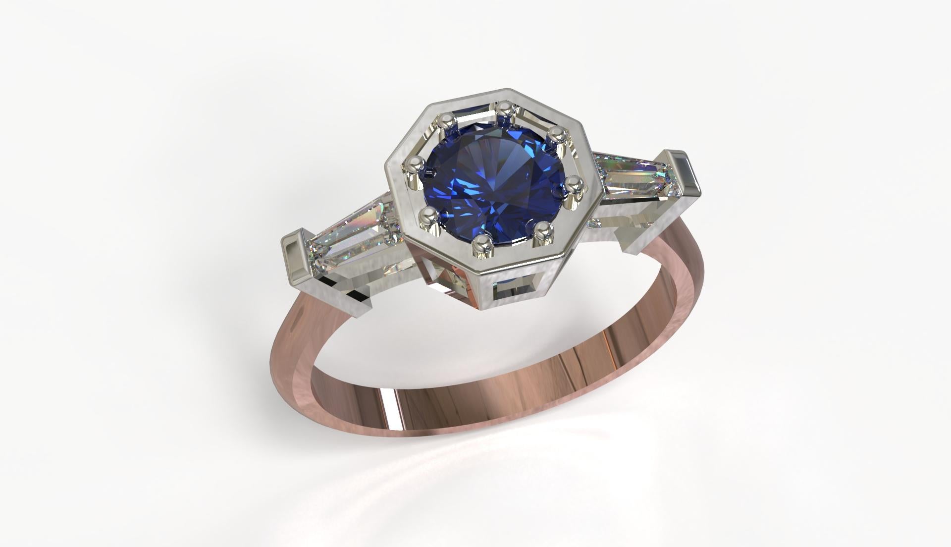 Kian Design 18 Carat Two-Tone Ceylon Sapphire Diamond Art Deco Style Ring For Sale 1