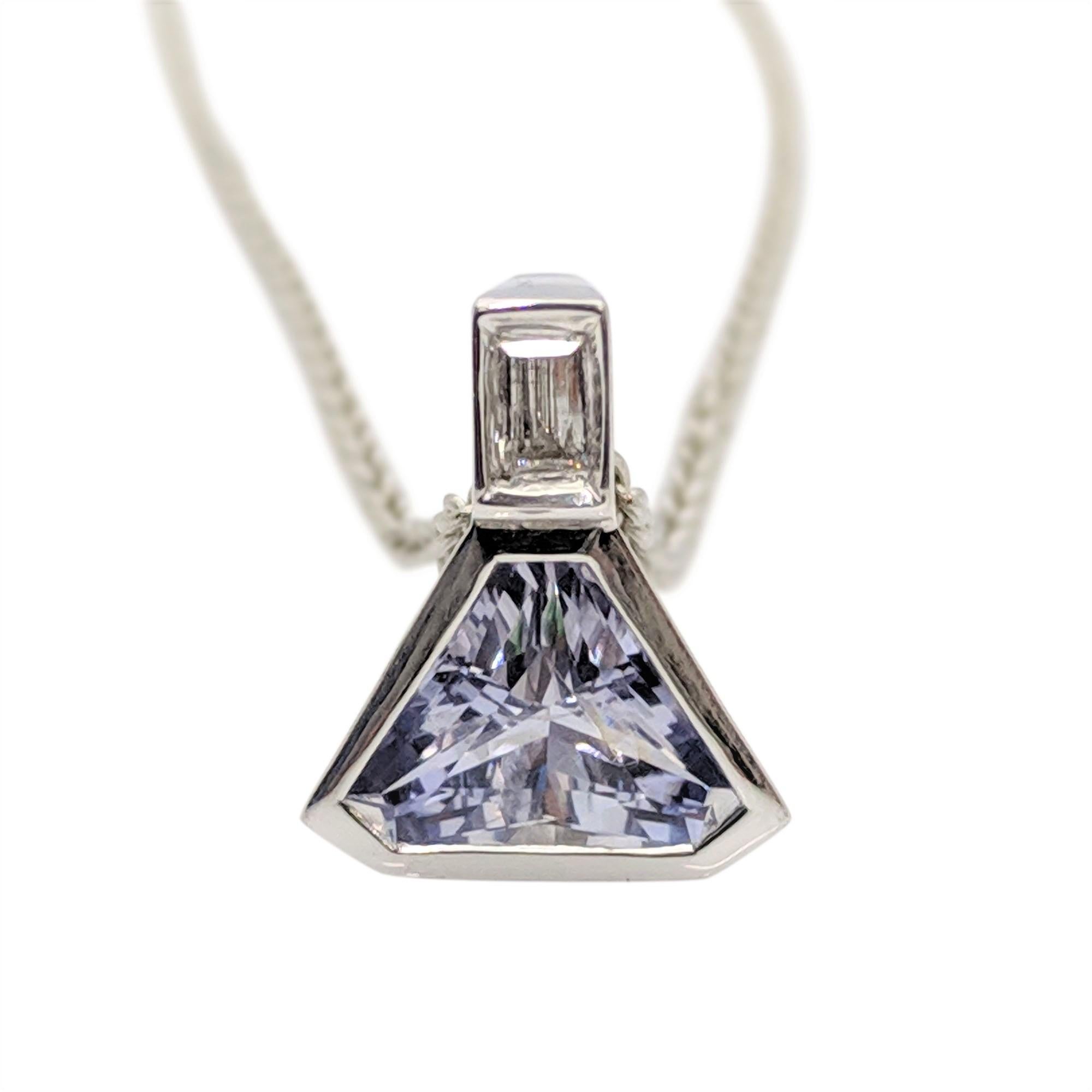 Trillion Cut Kian Design 18 Carat White Gold 2.37 Blue Ceylon Sapphire and Diamond Pendant For Sale