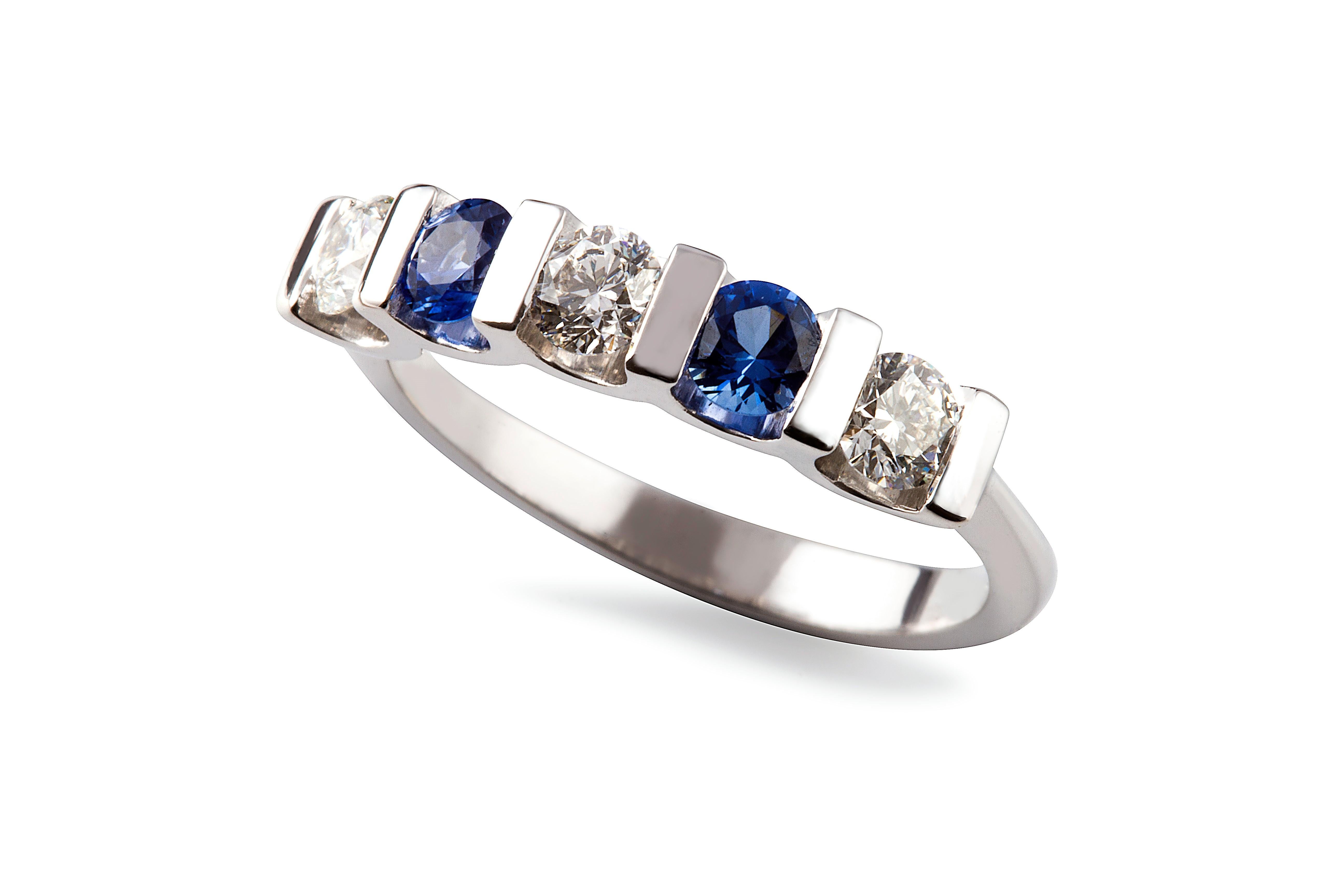 Art Deco Kian Design Five Stones Ceylon Sapphire & Diamond Bridal Ring In 18K White Gold  For Sale