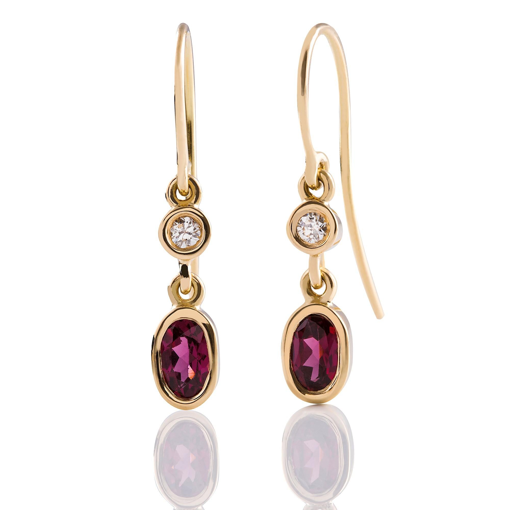 Art Deco Kian Design 18 Carat Yellow Gold Oval Rhodolite Garnet and Diamond Earrings