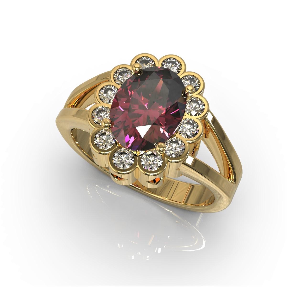 Rosa Ring

The exquisite 18 carat yellow gold ring features a stunning rhodolite garnet and round brilliant cut diamonds. 

Oval faceted rhodolite garnet: intense reddish pink colour, 2.06 Carat   8.87MM x 6.90MM x 4.49MM

Round brilliant cut