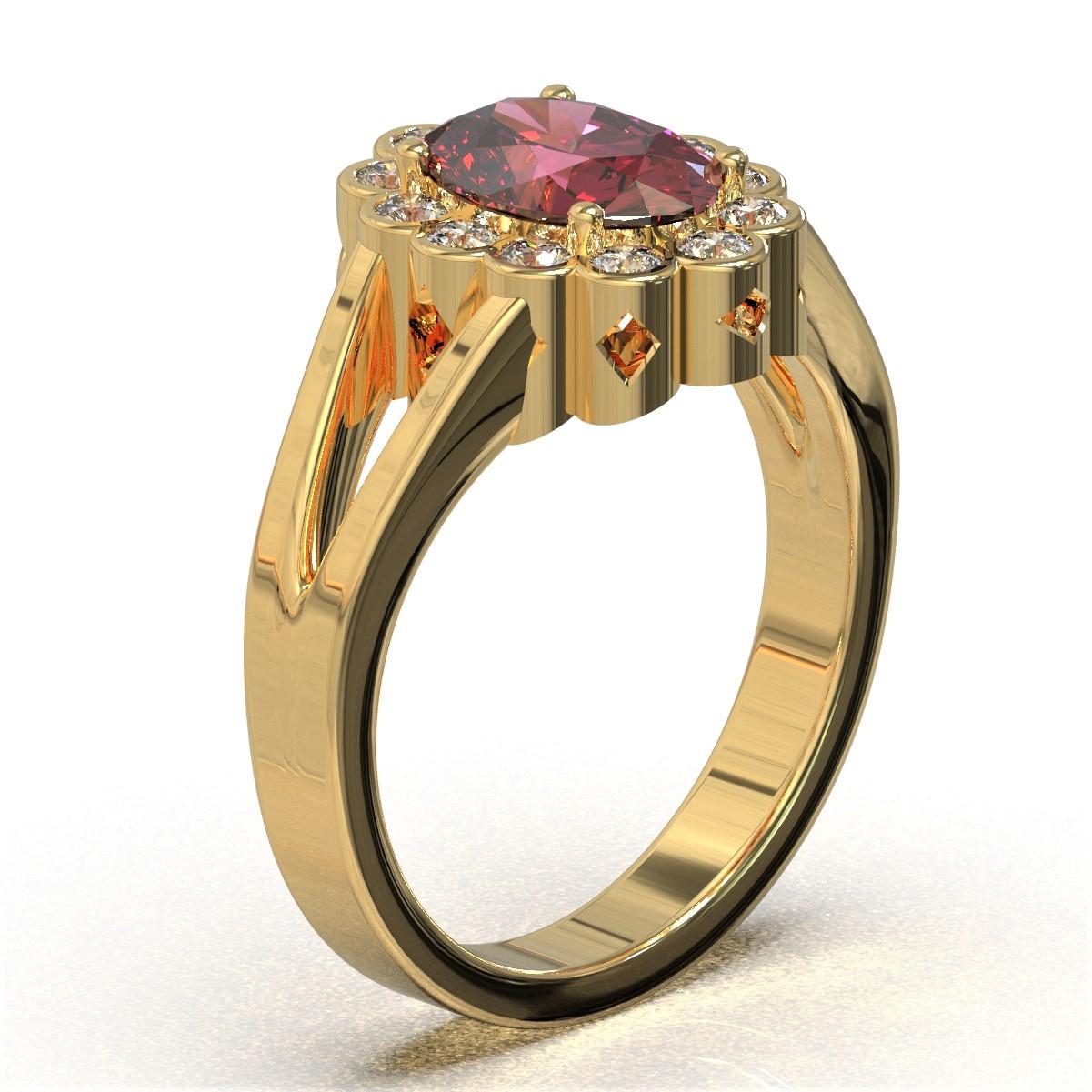 Art Deco Kian Design 2.03 Carat Oval Rhodolite Diamonds Cocktail Ring in 18 Carat Gold