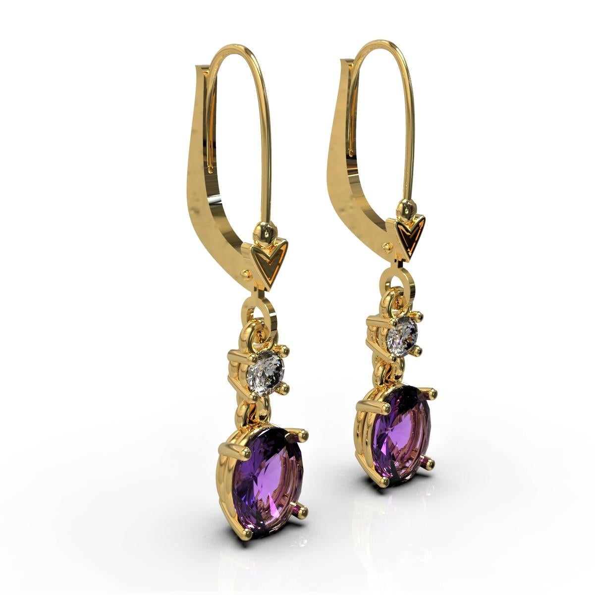 Art Deco Kian Design 2.2 Carat Oval Amethyst Round Diamond Earrings in 18 Carat Gold For Sale