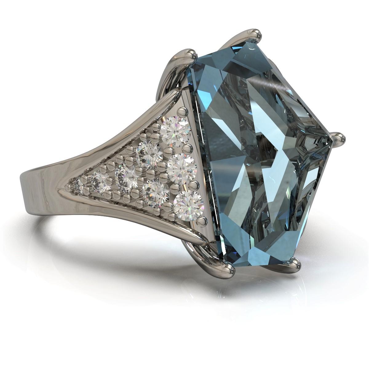 Aquamarine and Diamond Ring

Art Deco style, this elegant ring is made in platinum and set with a stunning custom faceted Aquamarine and round brilliant cut diamonds. 

Aquamarine: Medium light strong blue. Eye Clean, Ceylon origin, 13.95 x 11.10 x