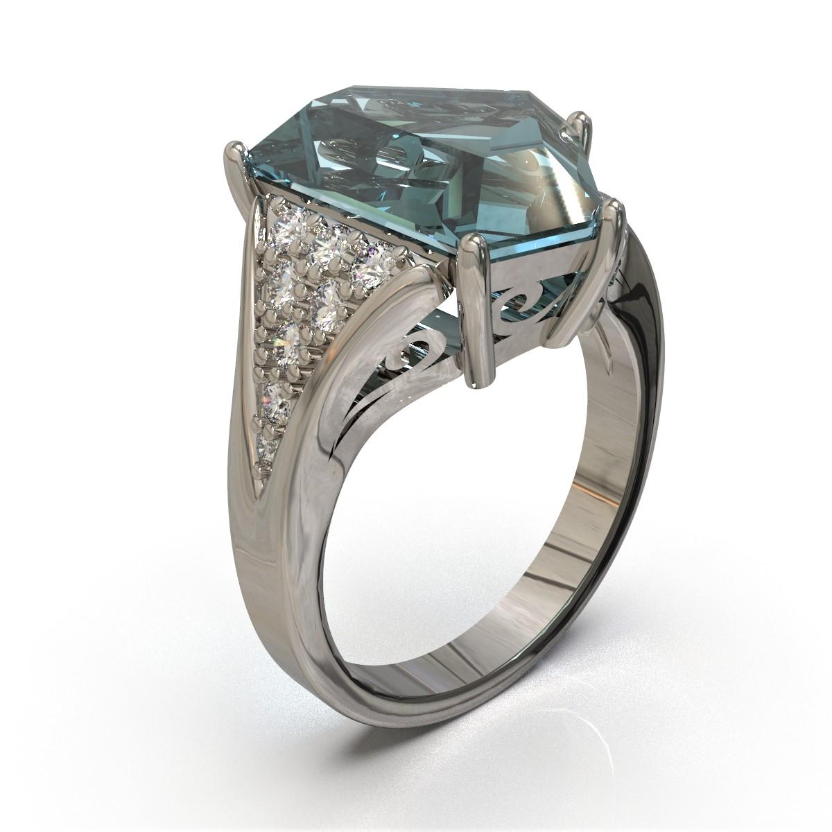 Art Deco Kian Design 5.93 Carat Aquamarine and Diamond Cocktail Ring in Platinum For Sale