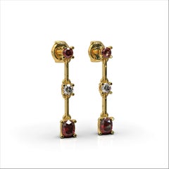 Kian Design Cushion Cut Red Spinel Round Diamond Dangle Earrings in Yellow Gold