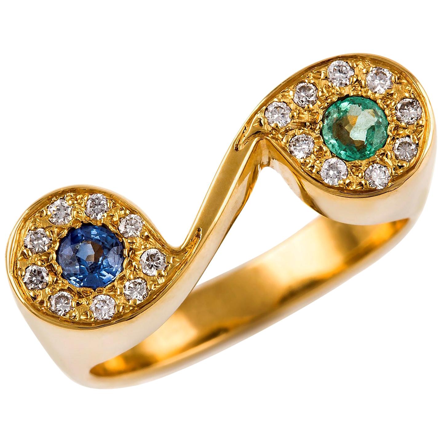 Kian Design Emerald, Sapphire and Diamond Cocktail Ring in 18 Carat Yellow Gold