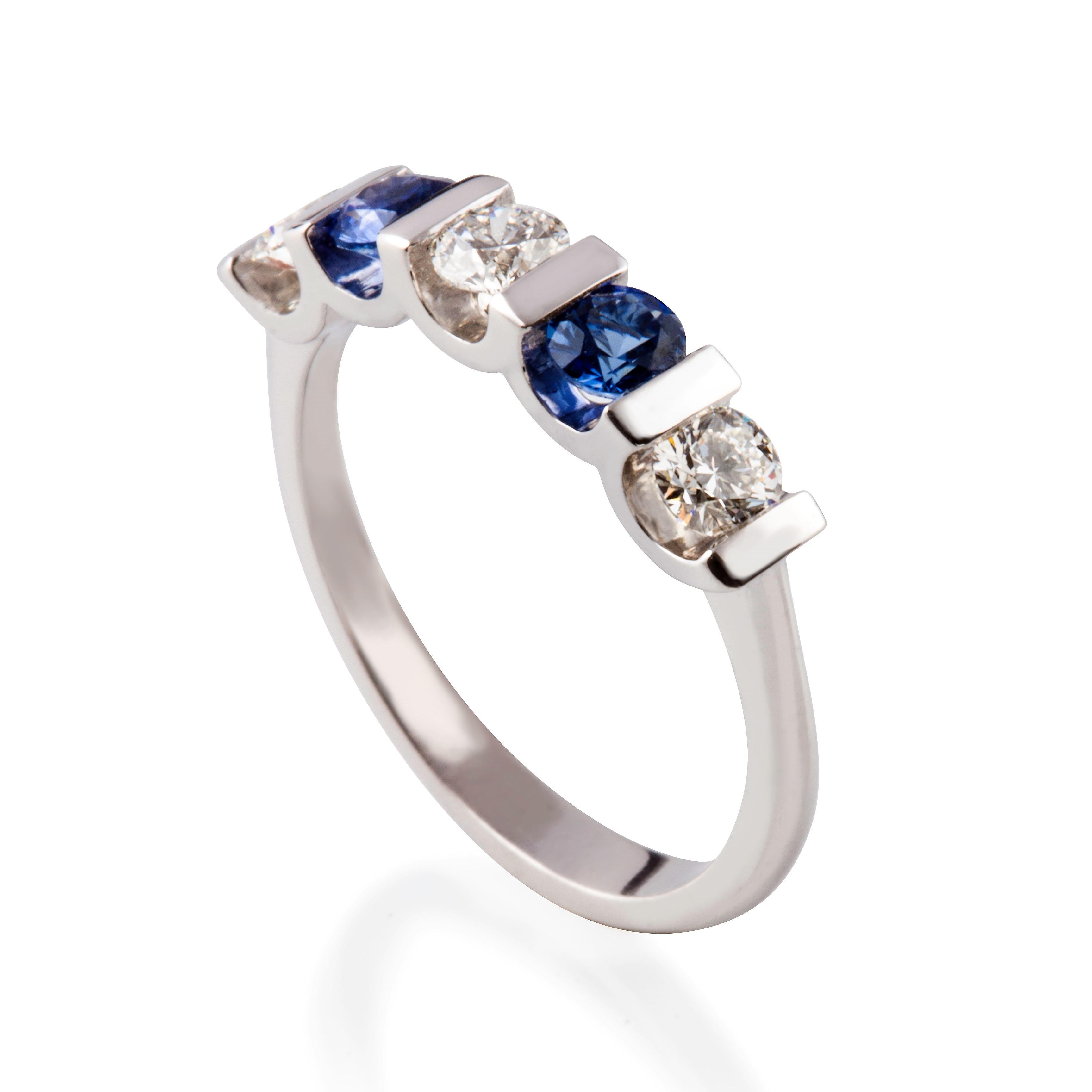 Kian Design Five-Stones Ceylon Sapphire & Diamond Bridal Ring in 18k White Gold In New Condition In South Perth, AU