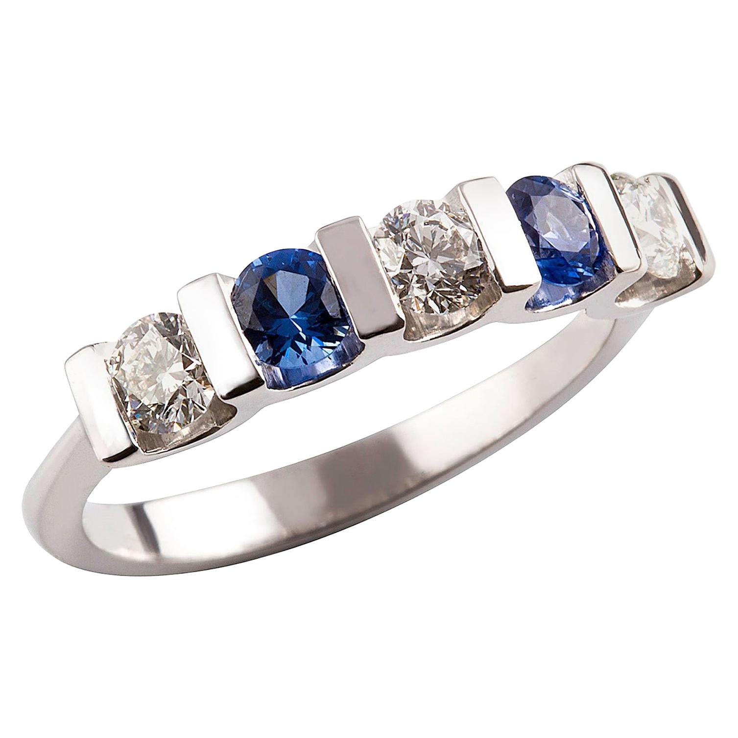 Kian Design Five-Stones Ceylon Sapphire & Diamond Bridal Ring in 18k White Gold