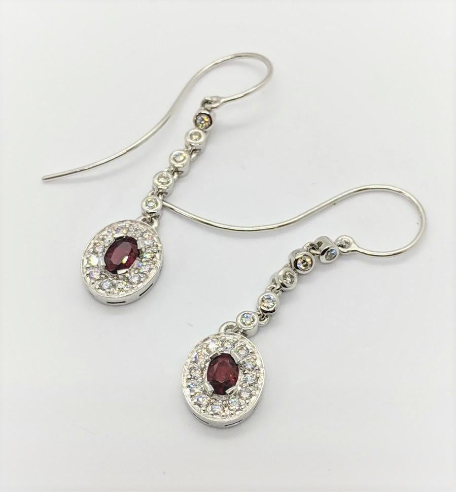 Oval Cut Kian Design Oval Ruby Diamond Dangle Earrings in 18 Carat White Gold