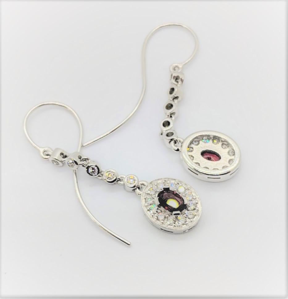 Women's Kian Design Oval Ruby Diamond Dangle Earrings in 18 Carat White Gold