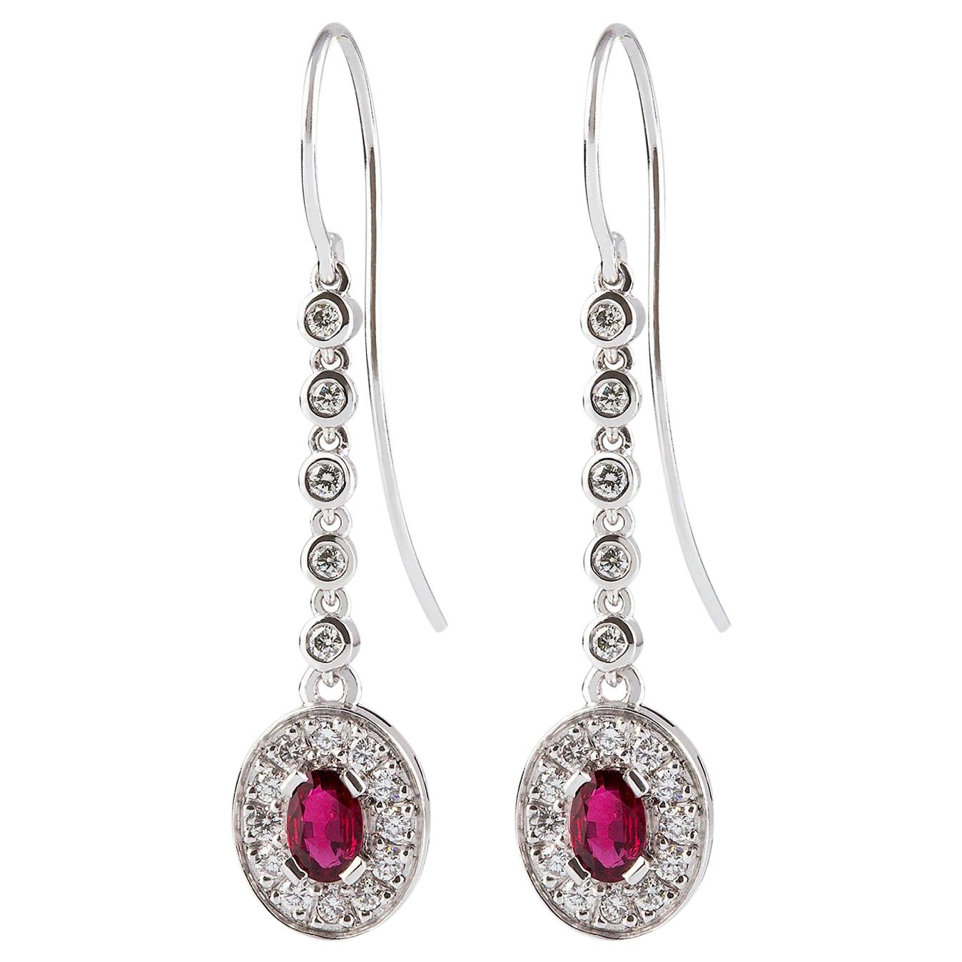 Kian Design Oval Ruby Diamond Dangle Earrings in 18 Carat White Gold