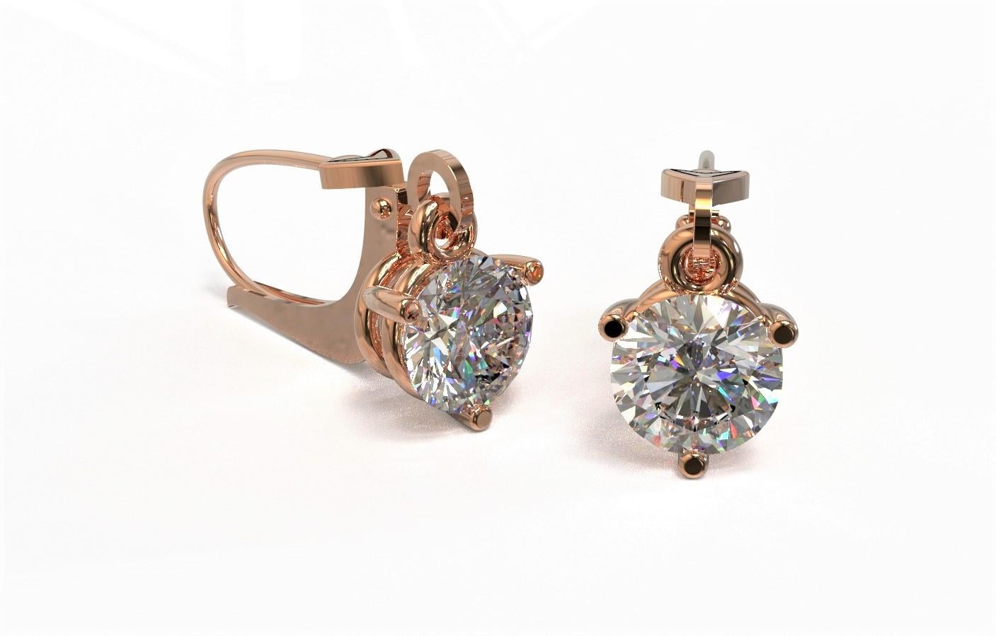 Art Deco Kian Design Pink Gold 1.00 Carat Round Brilliant Cut Diamond Drop Earrings For Sale