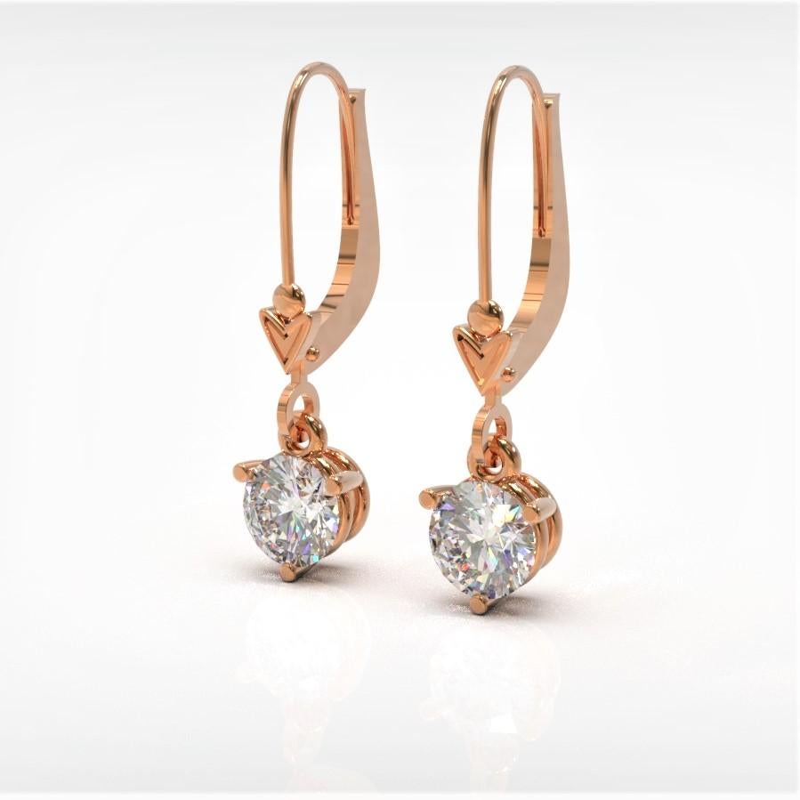 Round Cut Kian Design Pink Gold 1.00 Carat Round Brilliant Cut Diamond Drop Earrings For Sale