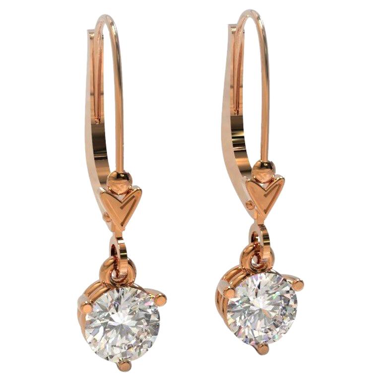 Kian Design Pink Gold 1.00 Carat Round Brilliant Cut Diamond Drop Earrings For Sale