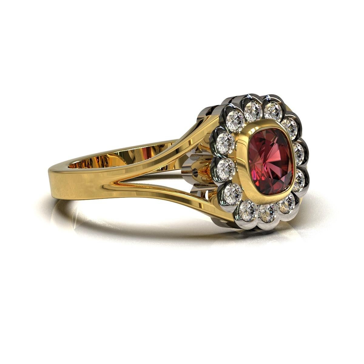 Rubino  Ring

This stunning platinum and 18 carat yellow gold ring is set with an extraordinary cushion cut  ruby complemented with a cluster of diamonds. A distinctive heirloom piece.

Cushion faceted ruby:  bright red,  5.34 x 4.49 x 2.83mm, 0.53
