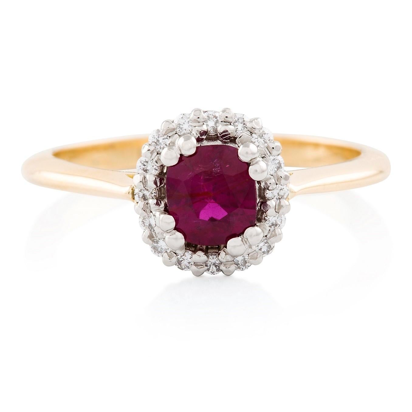 Rubino  Ring

This stunning platinum and 18 carat yellow gold ring is set with an extraordinary cushion cut  ruby complemented with a cluster of diamonds. A distinctive heirloom piece.

Cushion faceted ruby:  bright red,  5.35 x 5.38 x 4.76mm,