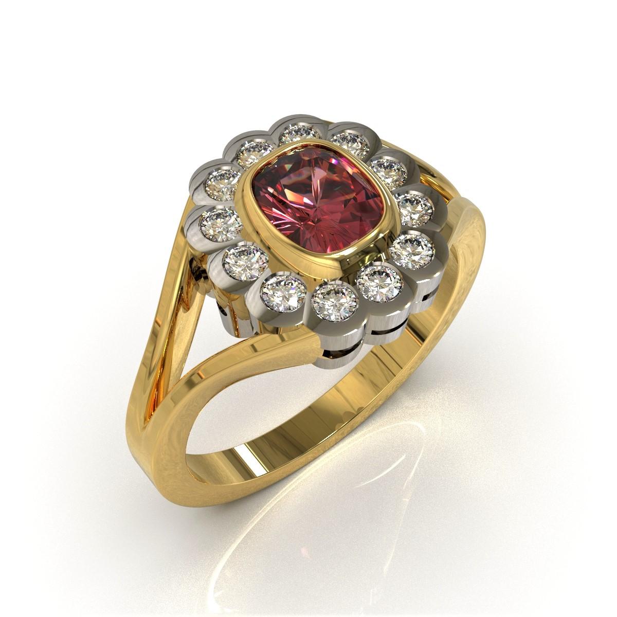 Art Deco Kian Design Platinum Gold Cushion Cut Ruby and Diamond Cluster Engagement Ring For Sale