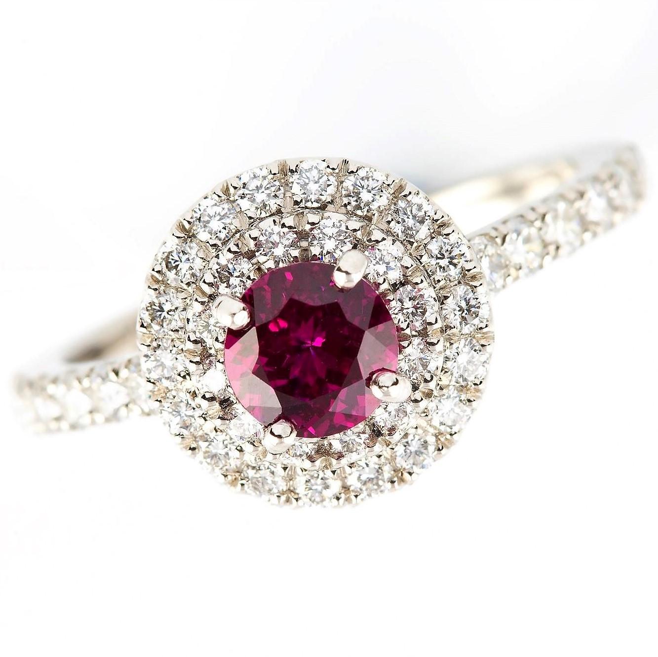 Round Cut Kian Design Platinum Round Ruby and Diamond Engagement Ring