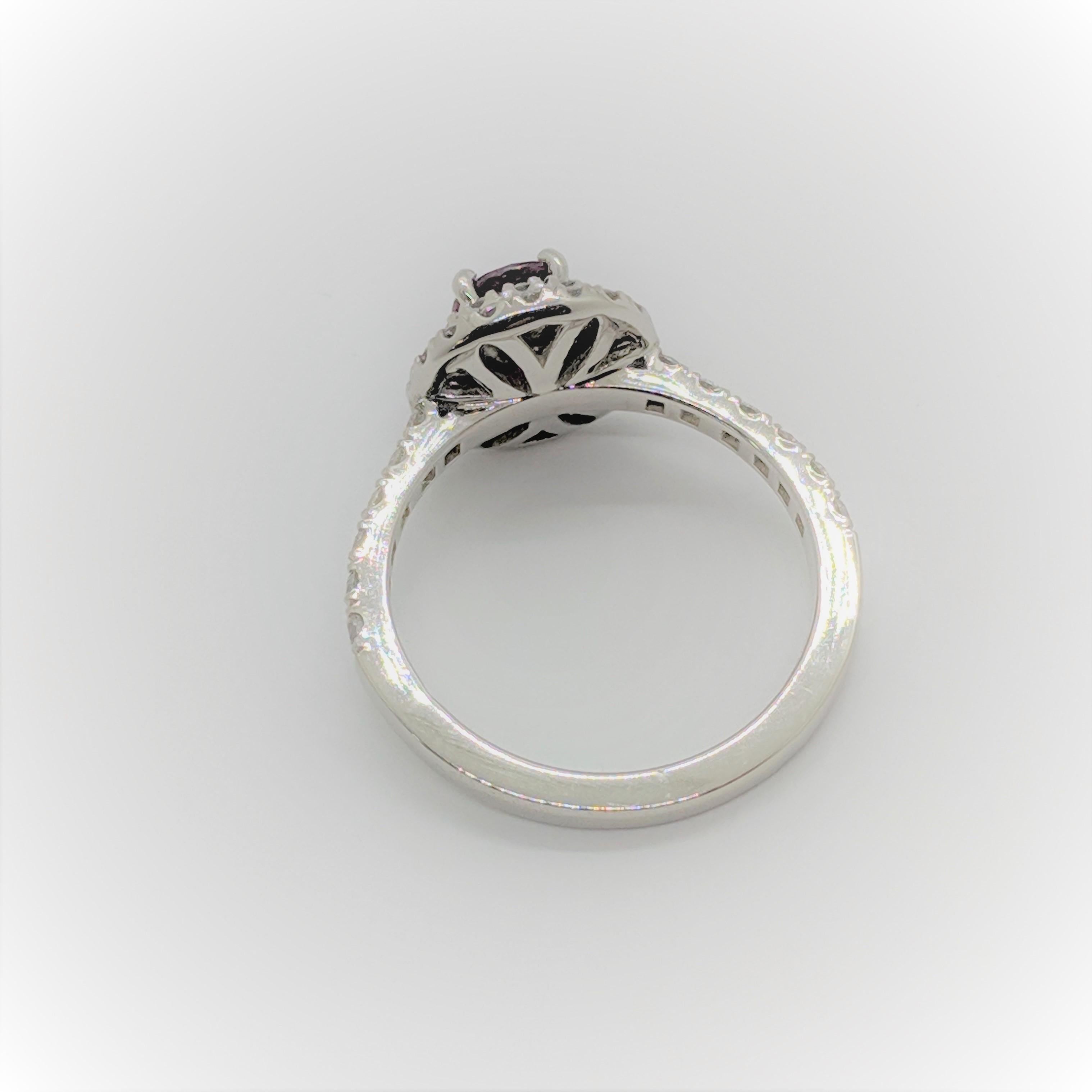 Women's Kian Design Platinum 0.68 Carat Round Ruby Diamond Double Halo Engagement Ring For Sale