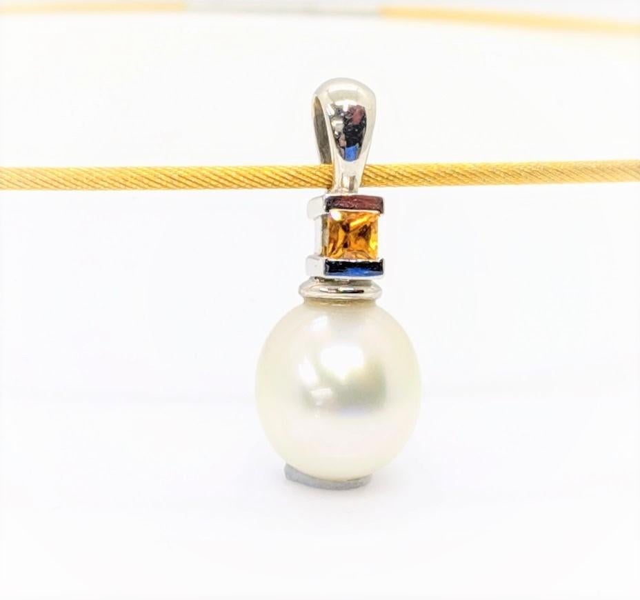 Art Deco Kian Design Platinum South Sea Pearl & Fancy Australian Orange Sapphire Pendant For Sale