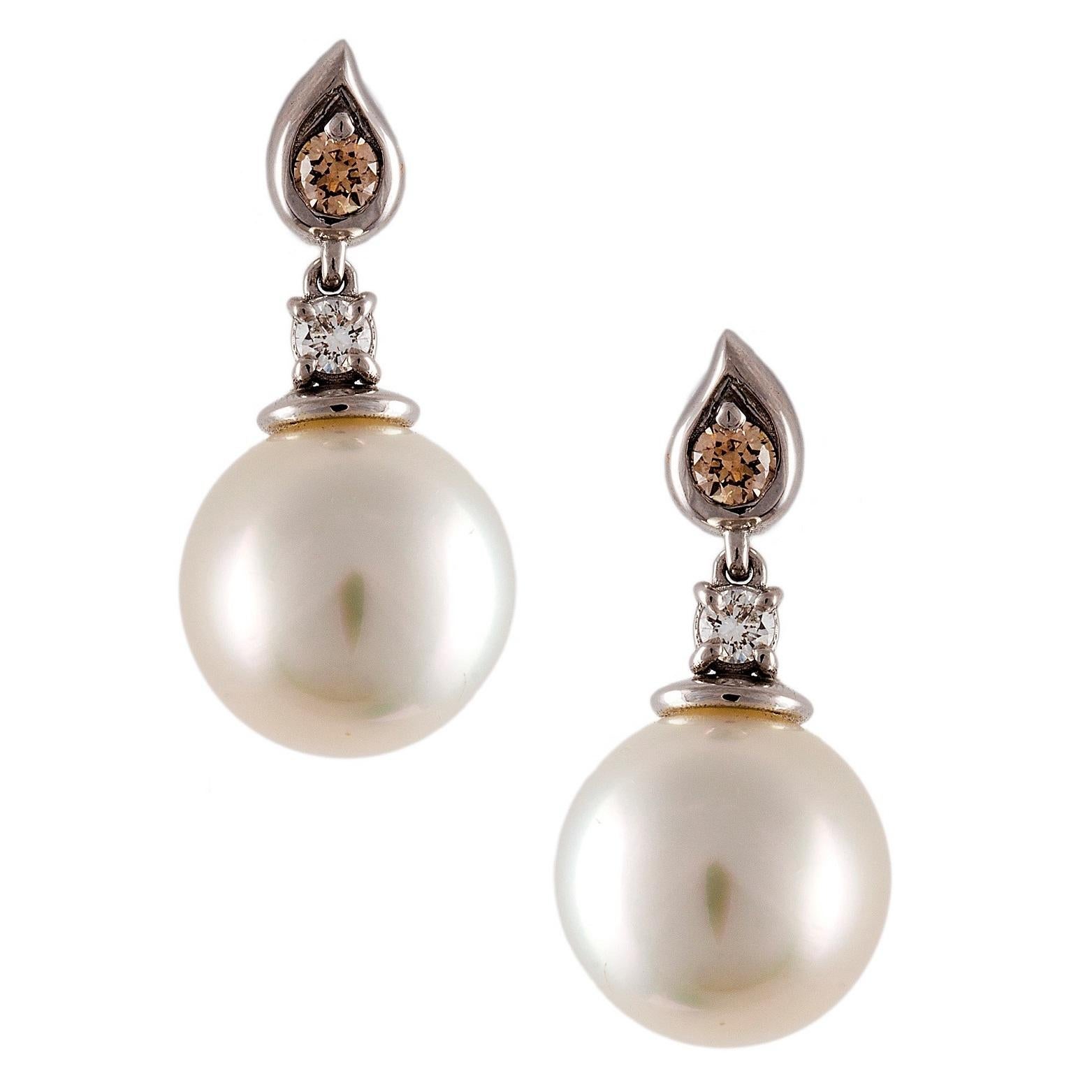 Round Cut Kian Design South Sea Pearl and Diamond Drop Earrings in 18 Carat White Gold For Sale