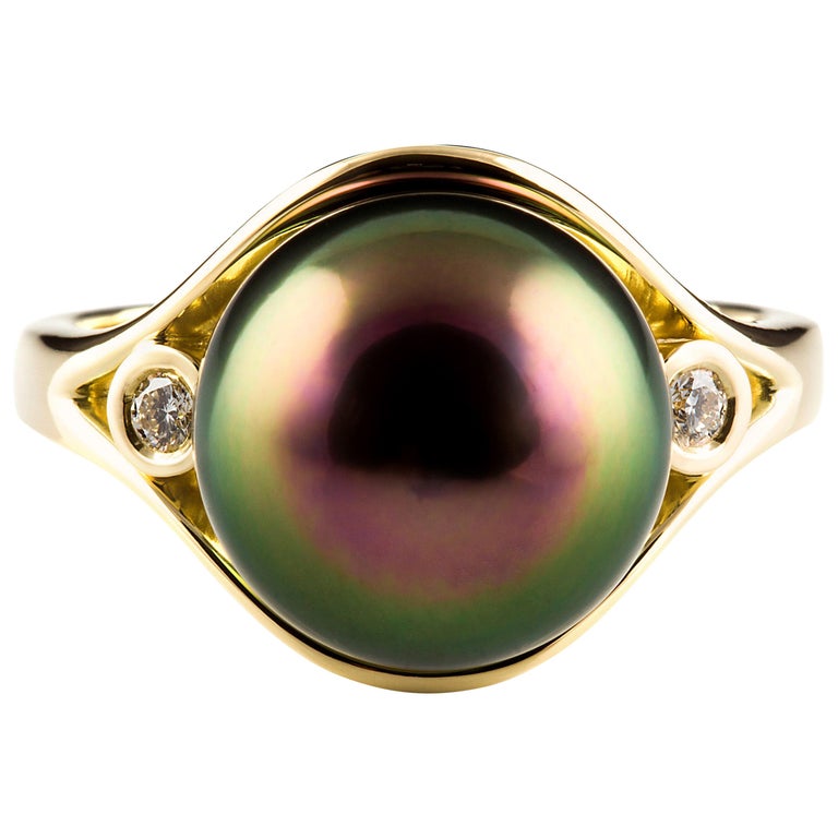 Kian Design Tahitian Pearl and Diamond Cocktail Ring in 18 Carat Yellow Gold For Sale